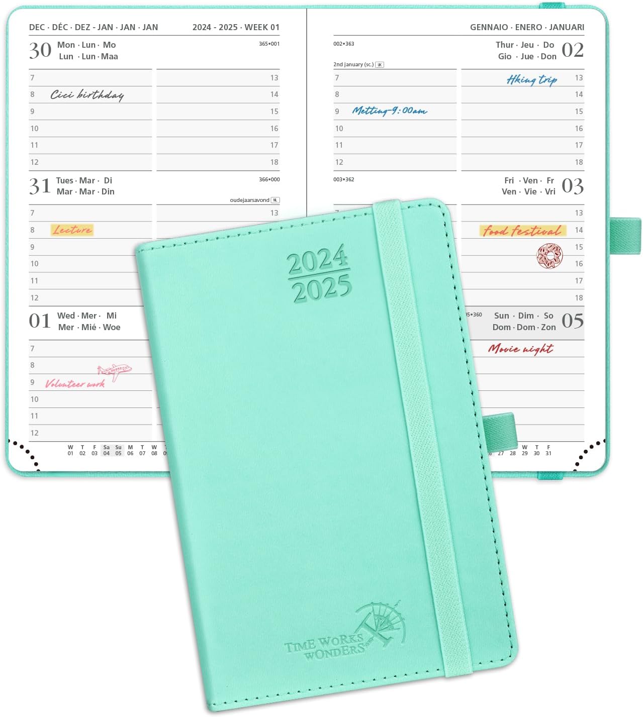 POPRUN 2024-2025 A6 Academic Pocket Diary Week to View Small PU Leather Cover (1...