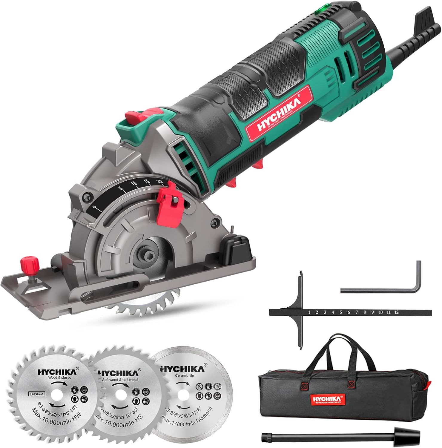 Mini Circular Saw, HYCHIKA Compact Circular Saw Tile Saw with 3 Saw Blades 4A Pu...