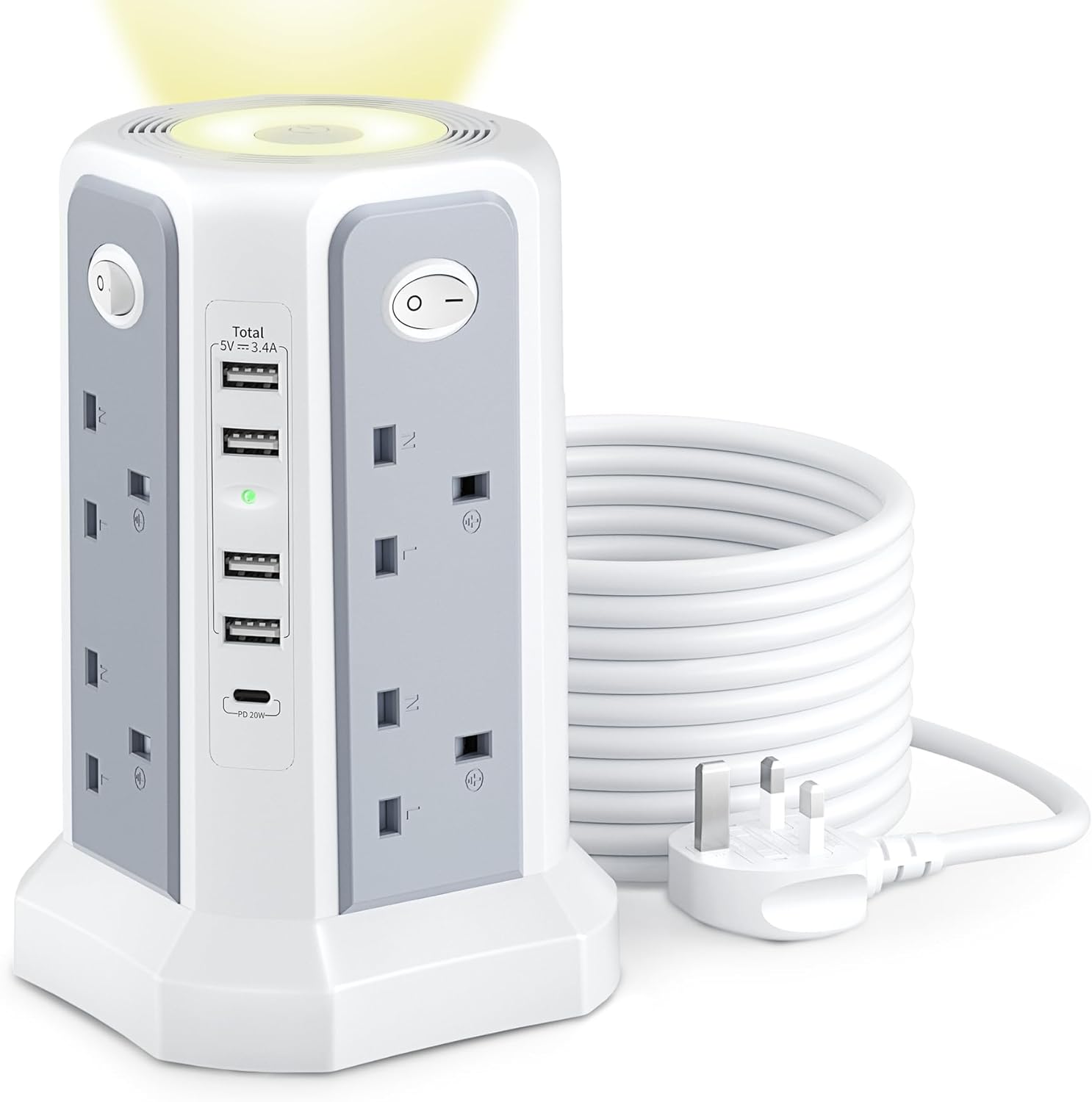Tower Extension Lead with USB Slots and Night Light, 20W USB C Fast Charger, (13...