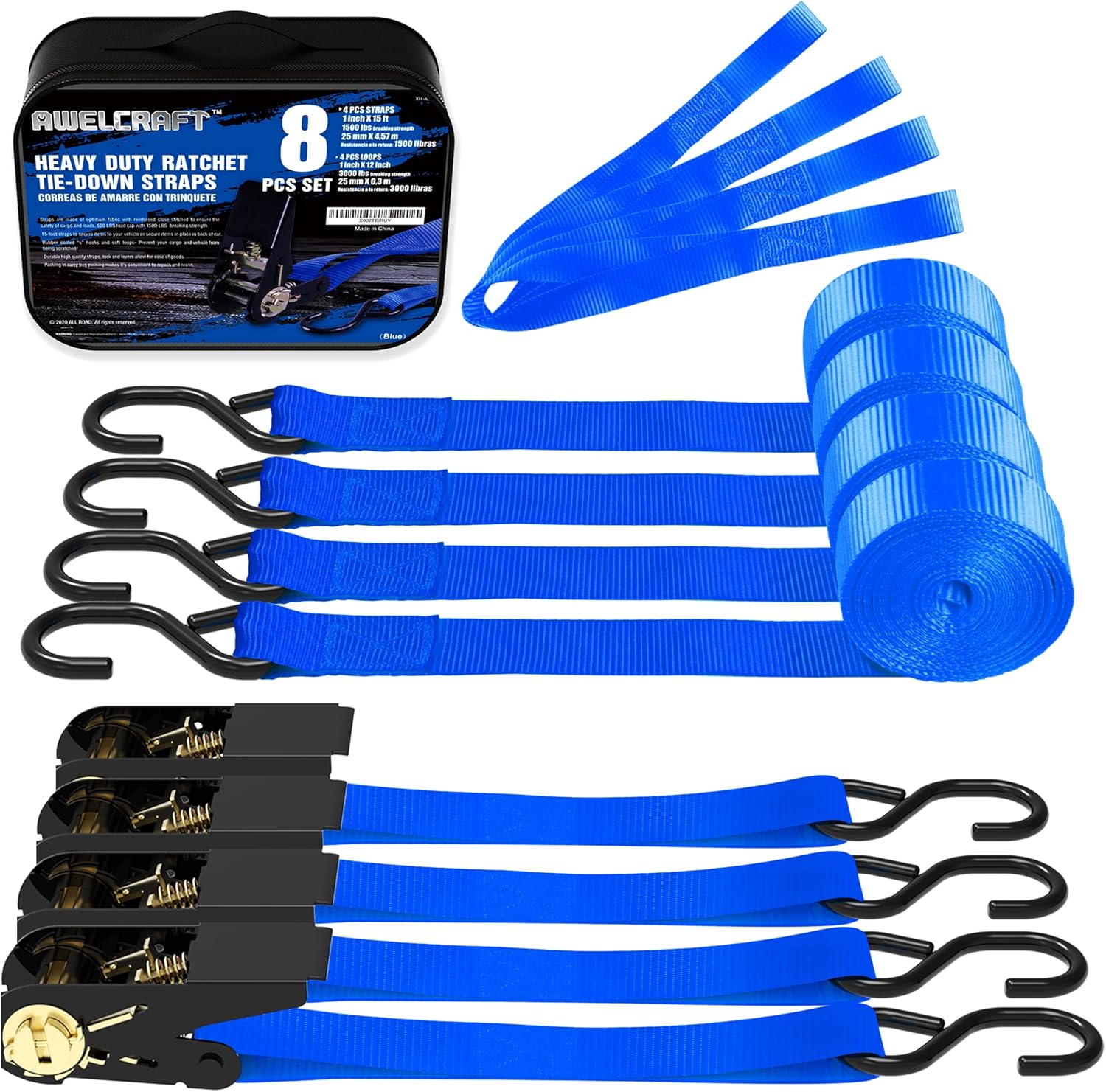 Ratchet Straps, 1500 lbs Breaking Strength - Premium 4X 15ft Tie Down Strap Set,...