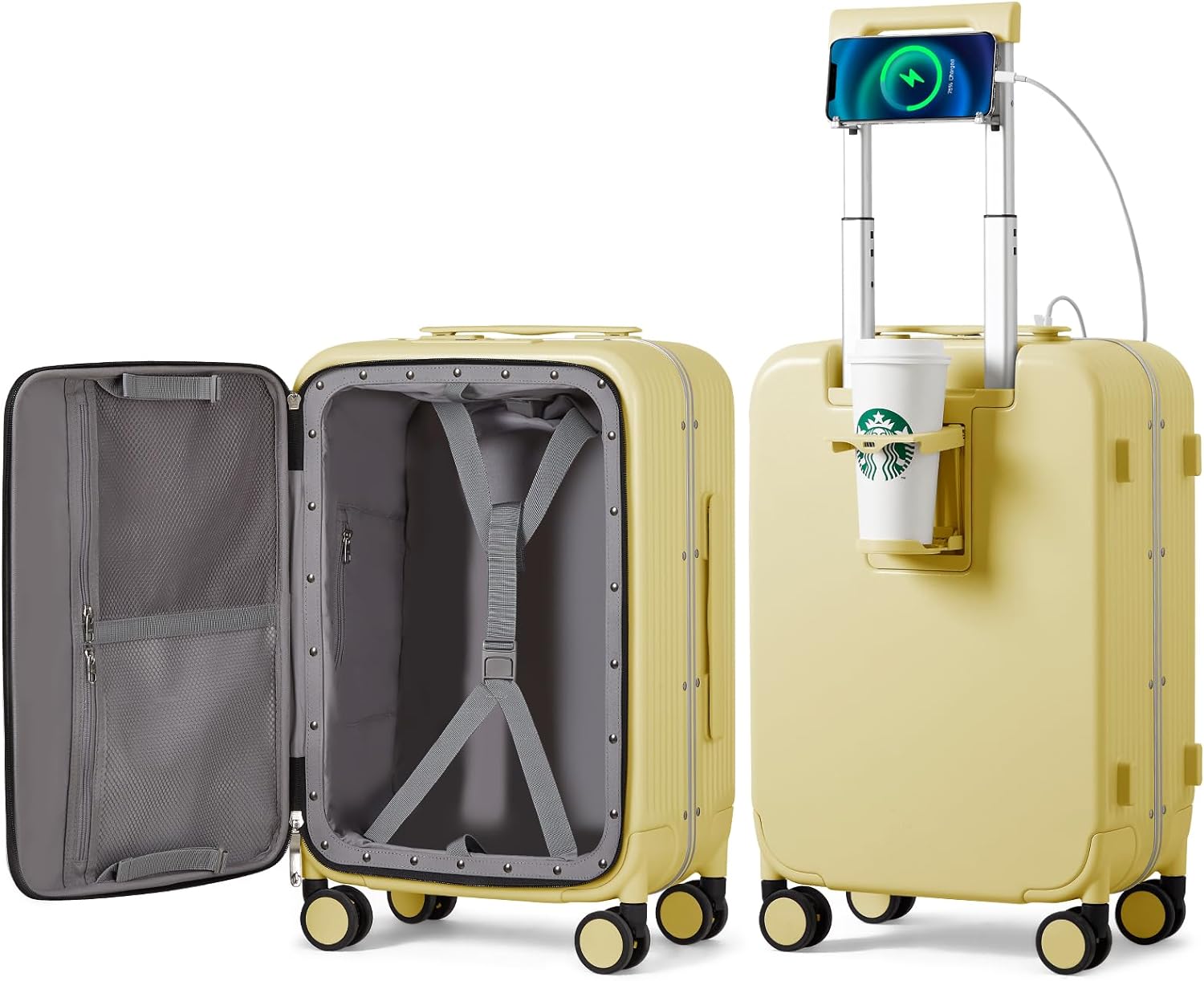 mixi Carry On Luggage with Cup Phone Holder and Charger Hard Shell Suitcases wit...