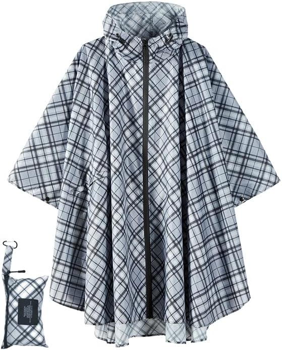 Grey Grid Fashion Hooded Rain Poncho, Special Waterproof Raincoat Jacket with Po...