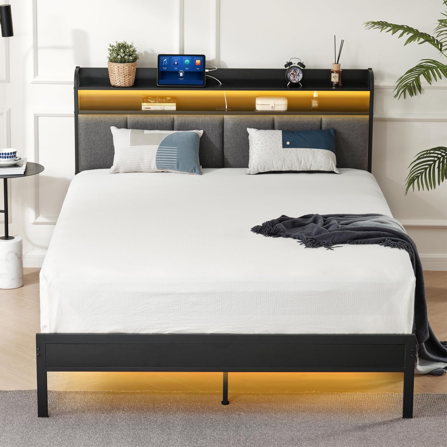 Z-hom King Metal Hybrid Bed Frame, Modern Black Platform Bed with LED Lights, St...