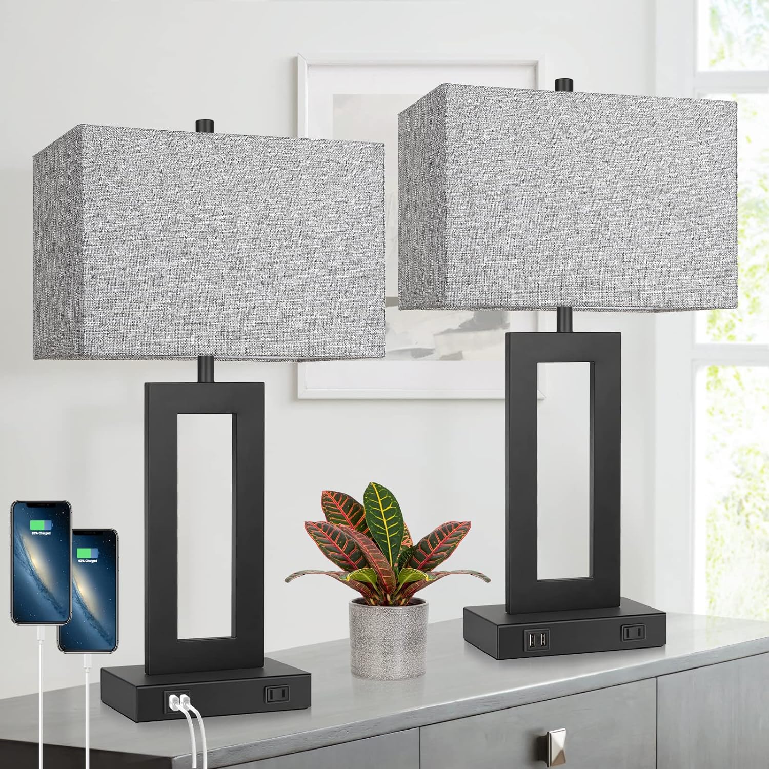Set of 2 Modern Touch Control Table Lamps with 2 U...