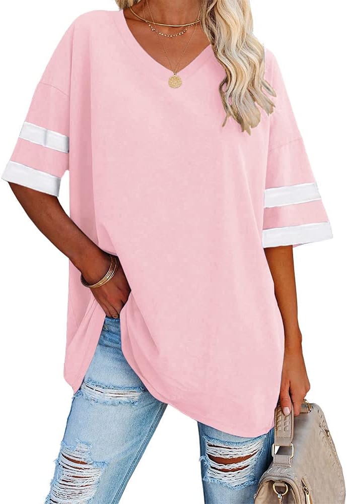 Ebifin Women's Striped Oversized T Shirts, Special V Neck Tees, Innovative Half...