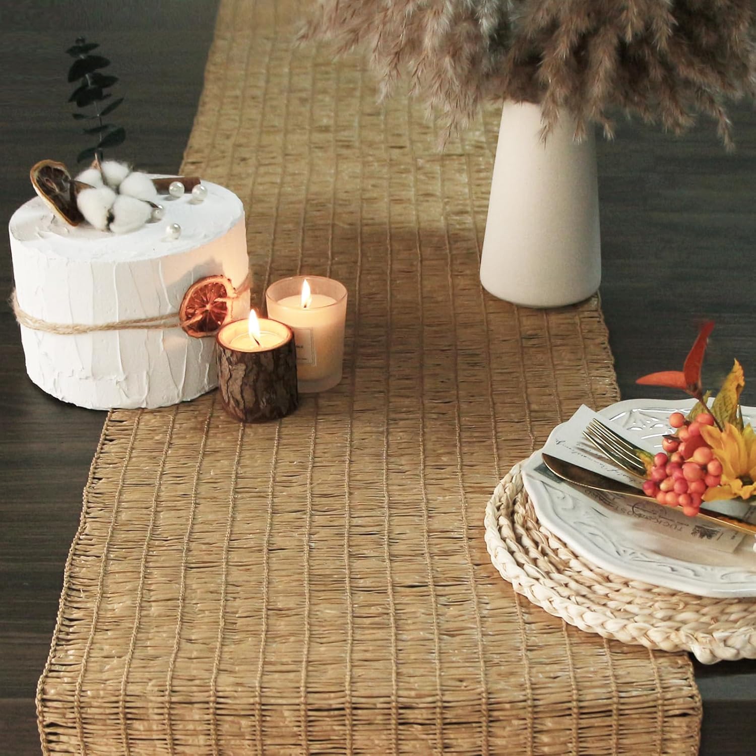 FEXIA Rustic Table Runner Imitation Straw Weaving...