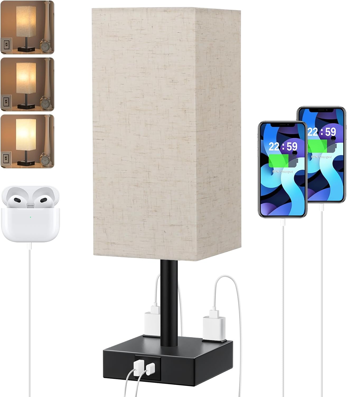 Touch Bedside Table Lamp For Nightstand - 3-Way Dimmable Night Lamp with USB A +...