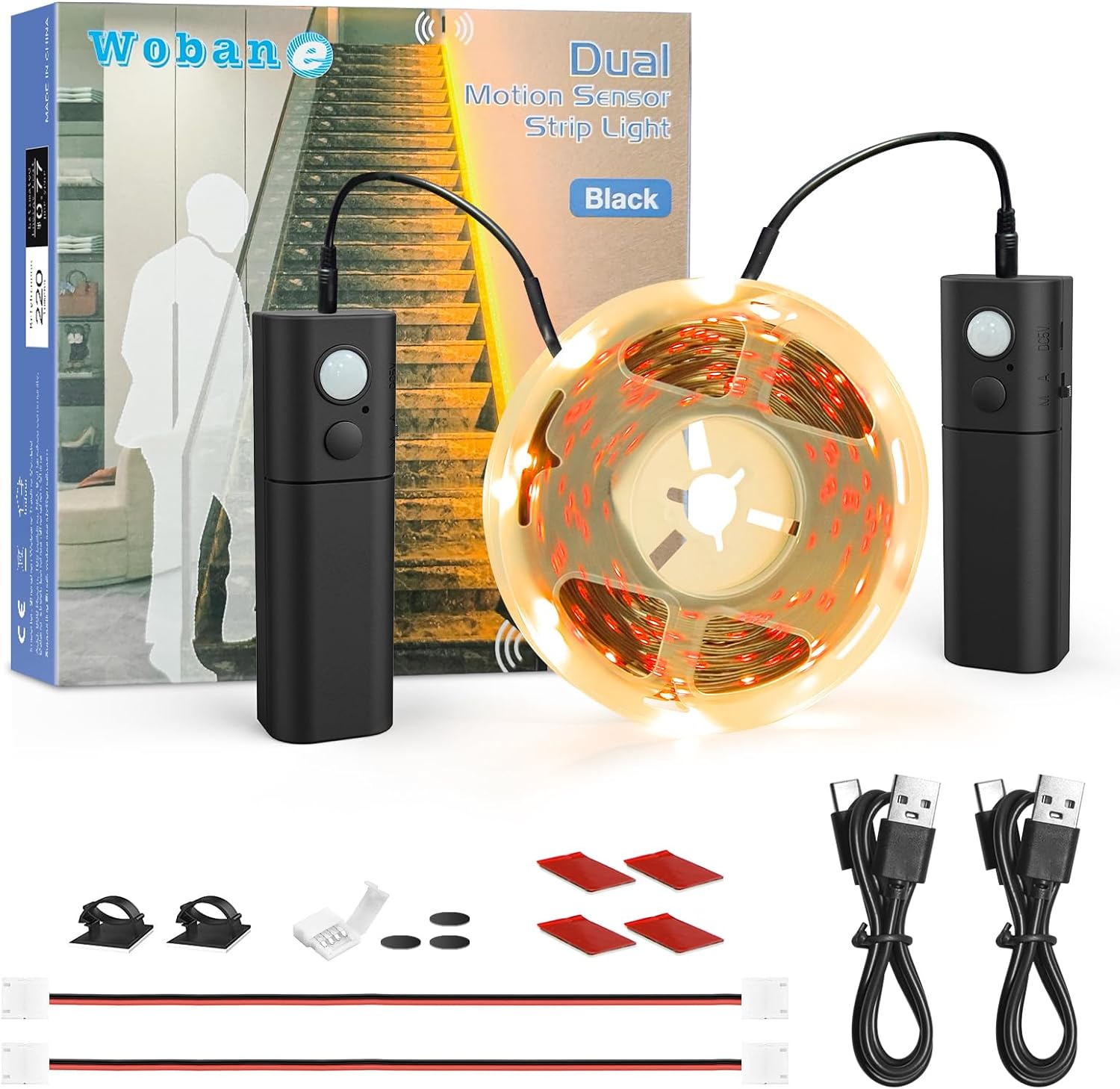WOBANE Rechargeable Motion Sensor LED Strip Light,5m Wireless LED Stair Lights w...