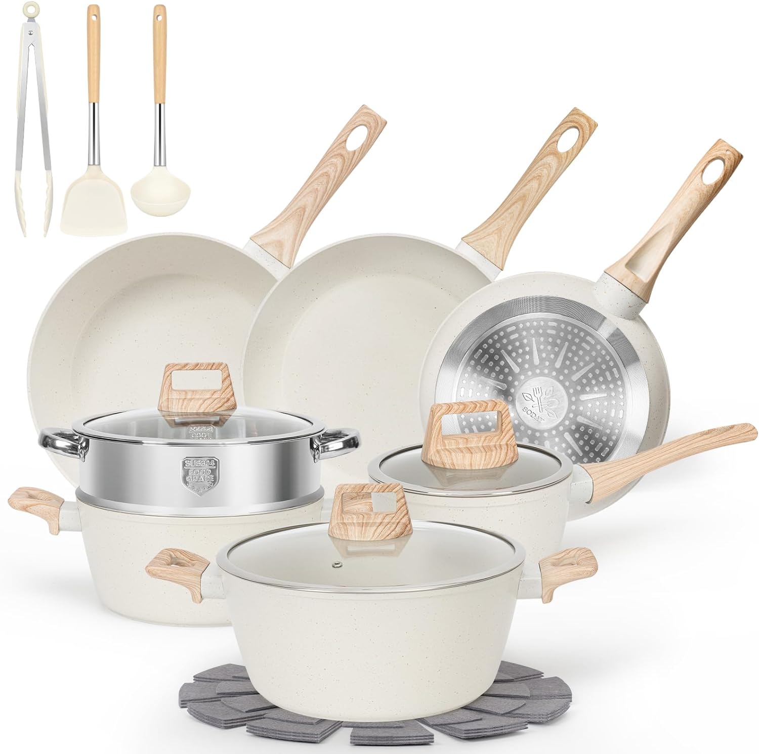 17 Pcs Pots and Pans Set, Exclusive Non Stick Kitchen Cookware Sets, Unique Whit...
