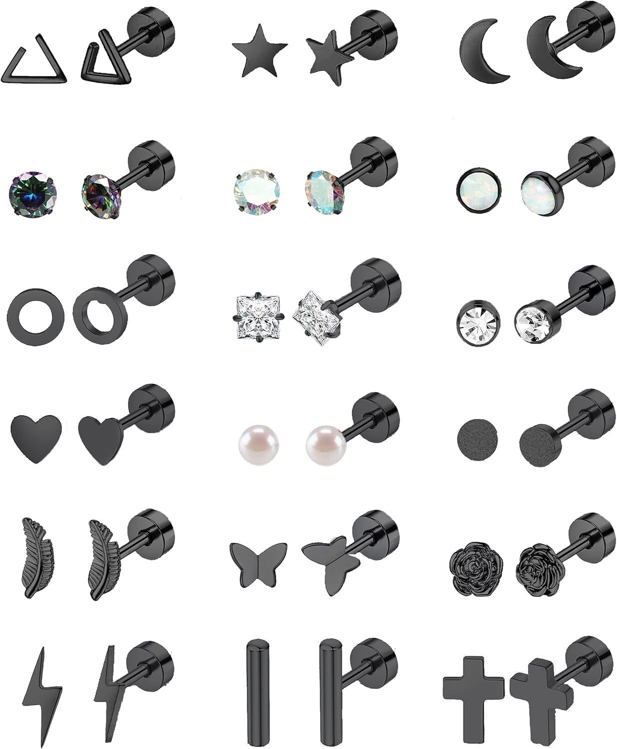 18 Pairs Stainless Steel Stud Earrings Set for Women Men Star Moon flower Heart...