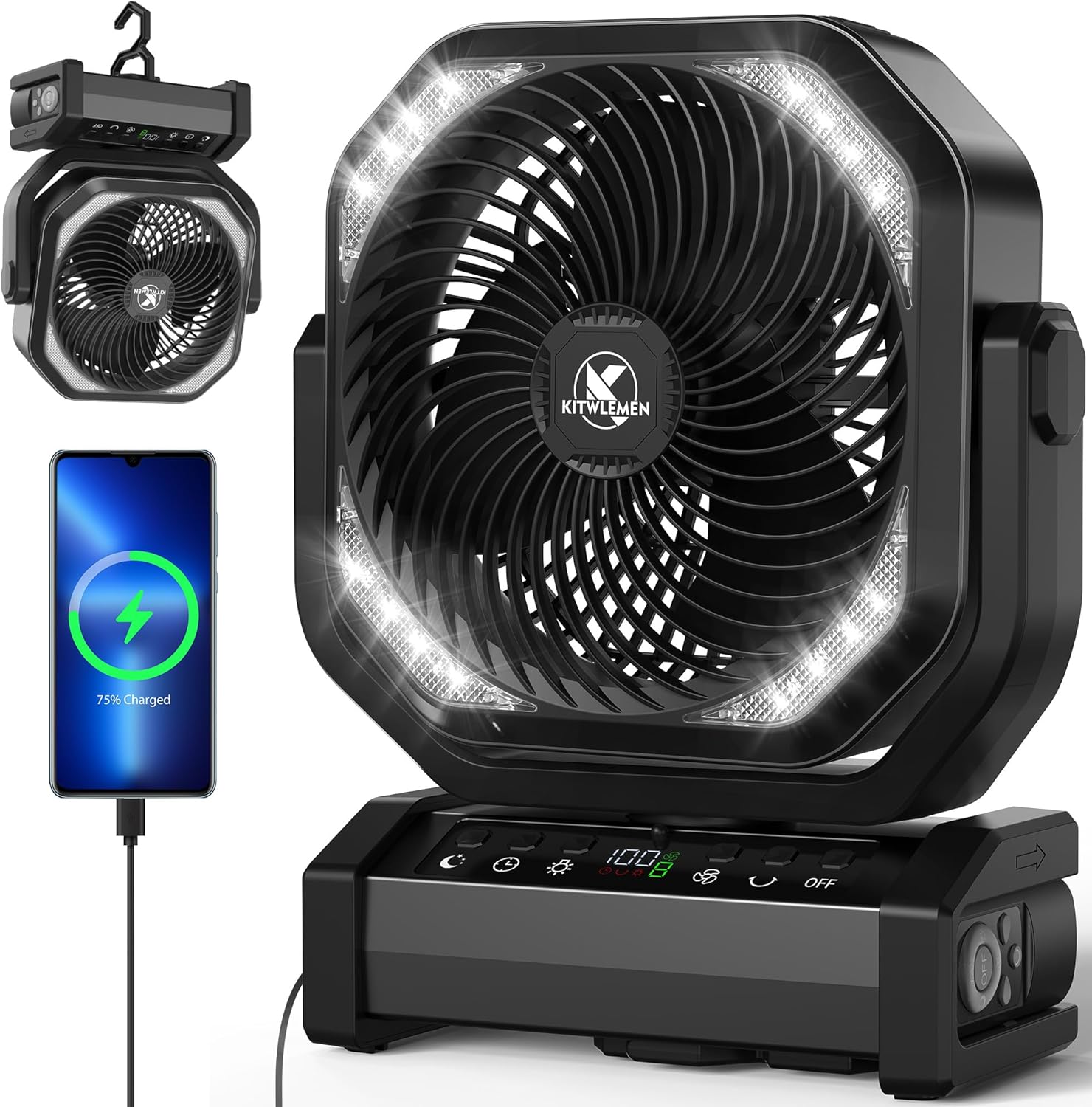 Camping Fan with Light - 20000mAh Rechargeable Bat...