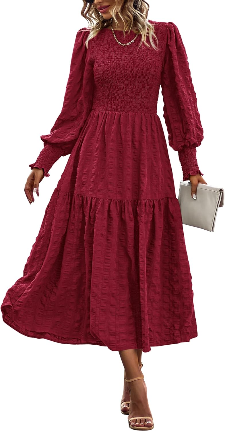 PRETTYGARDEN Women 2024 Dress, Special Puff Long Sleeve Crewneck Smocked Maxi Dr...