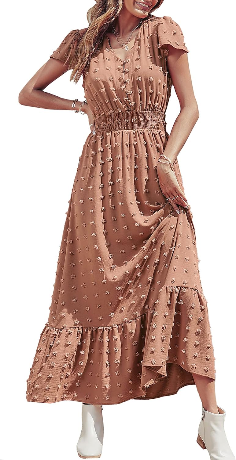 PRETTYGARDEN Womens Dresses 2024 Boho Short Sleeve V Neck Swiss Dot Ruffle Tiere...