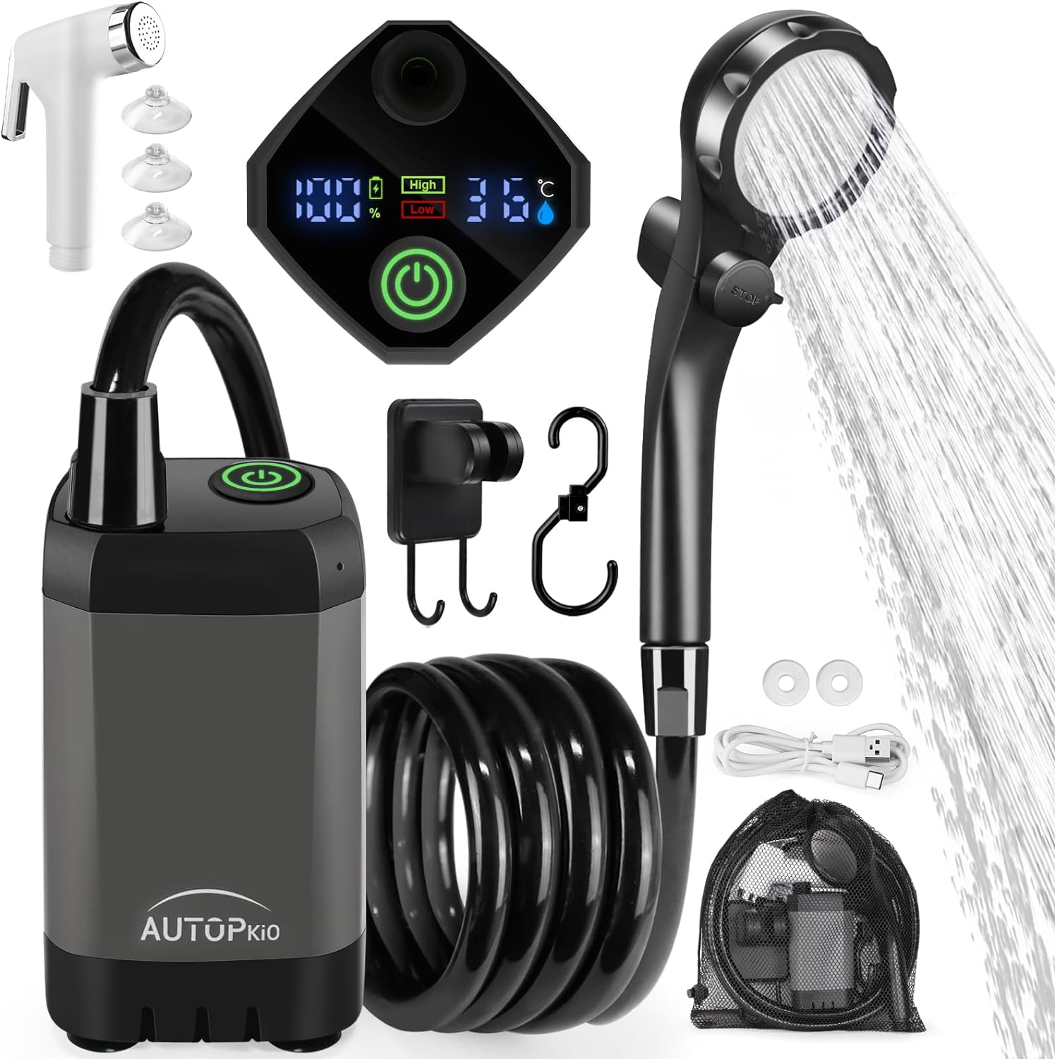 AUTOPkio Portable Camping Shower Pump - 6000mAh Rechargeable Camp Shower Pump wi...