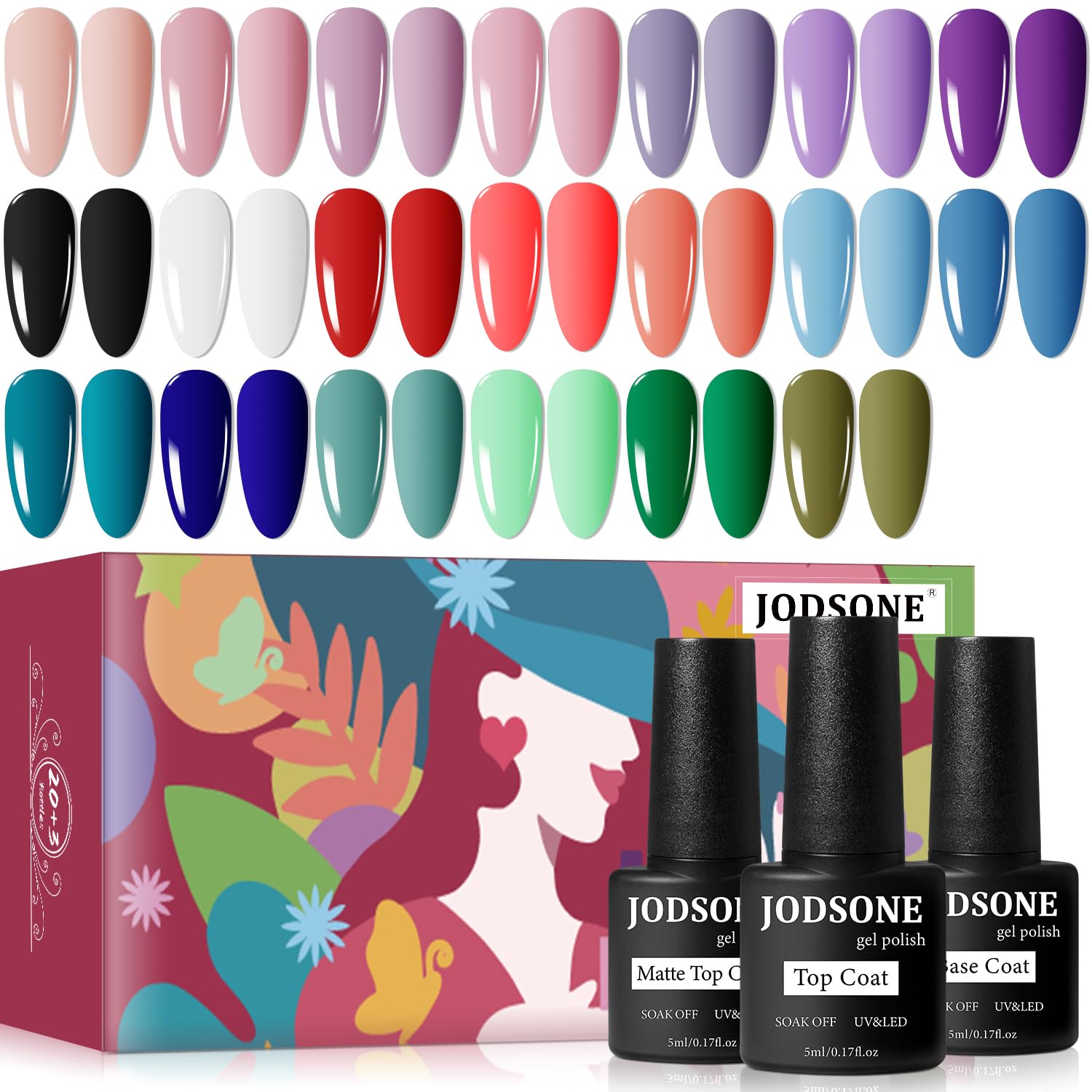 JODSONE Gel Nail Set 20 Colors High Shine Gorgeous Gel Polish Base Top Matte Coa...