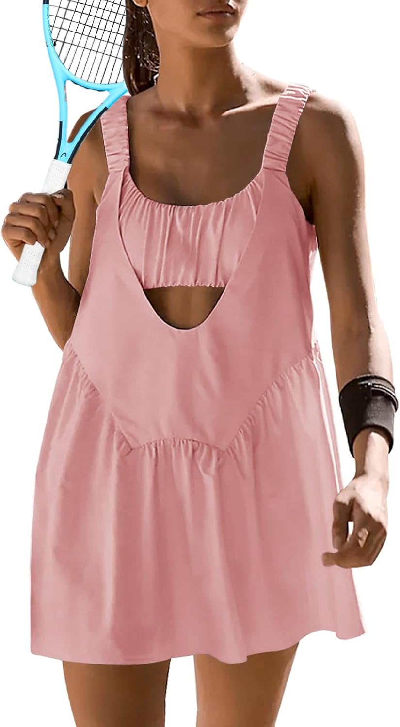 Sexyasasii Women Tennis Dress with Built in Shorts and Bra Sleeveless Casual Bac...