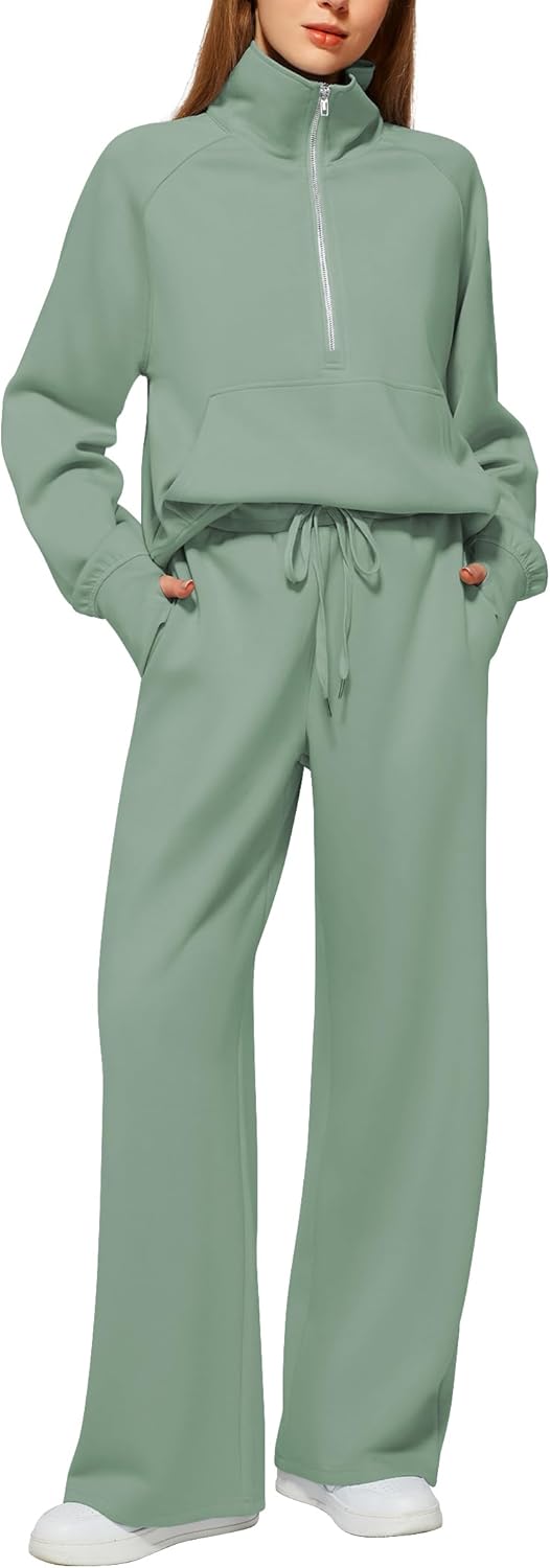 Women's 2 Piece Outfits Lounge Set 2024 Oversized Half Zip Sweatshirt Wide Leg S...
