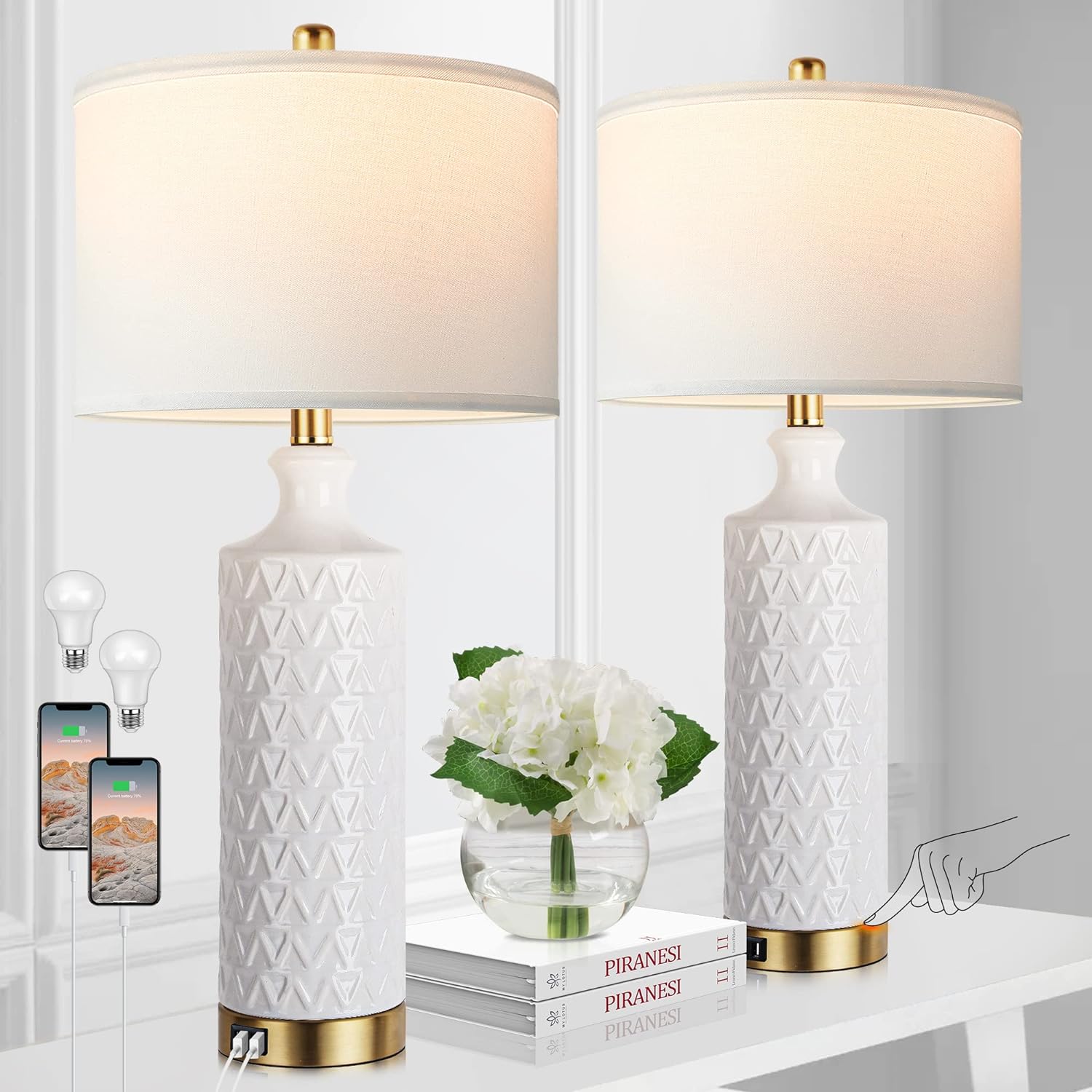 Touch Control Table Lamp Set of 2, Modern Bedside Lamps with Unique 2 USB Ports,...