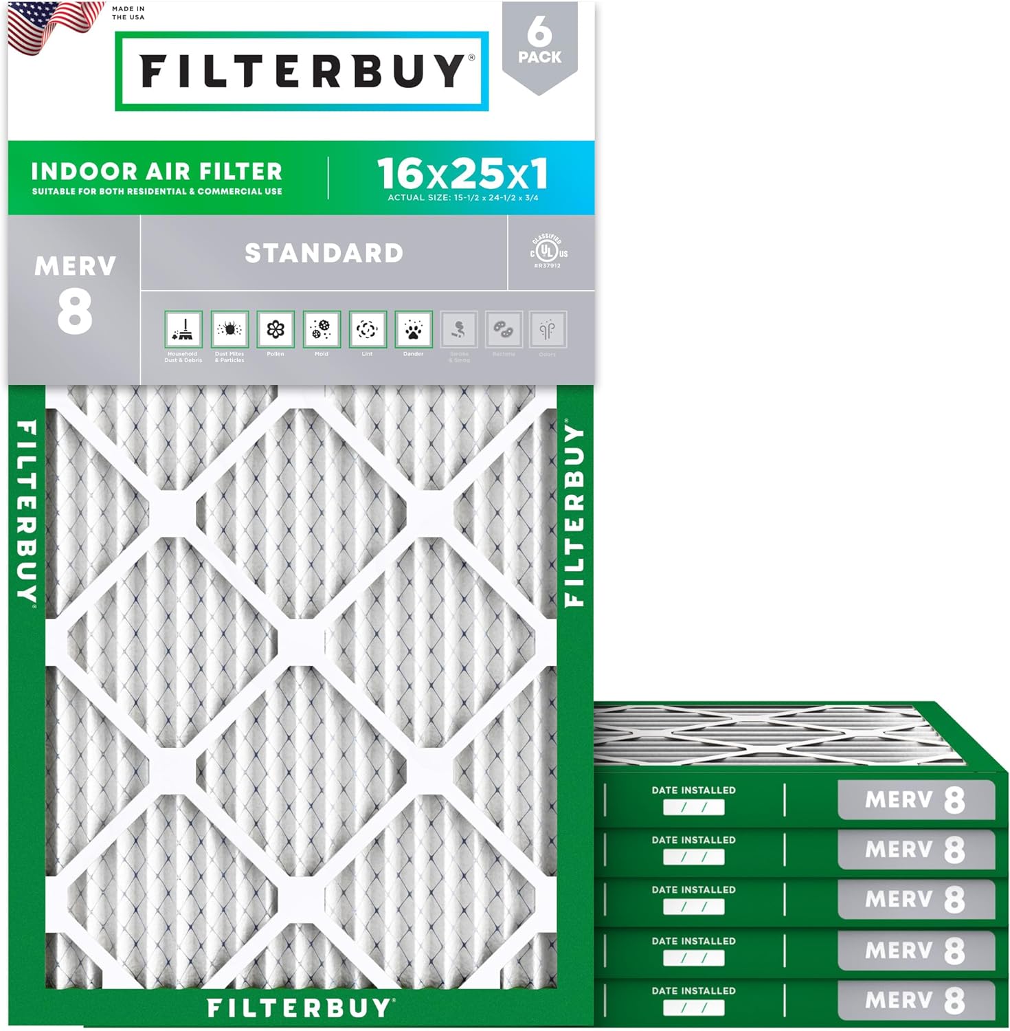 Filterbuy 16x25x1 Air Filter MERV 8 Dust Defense (...