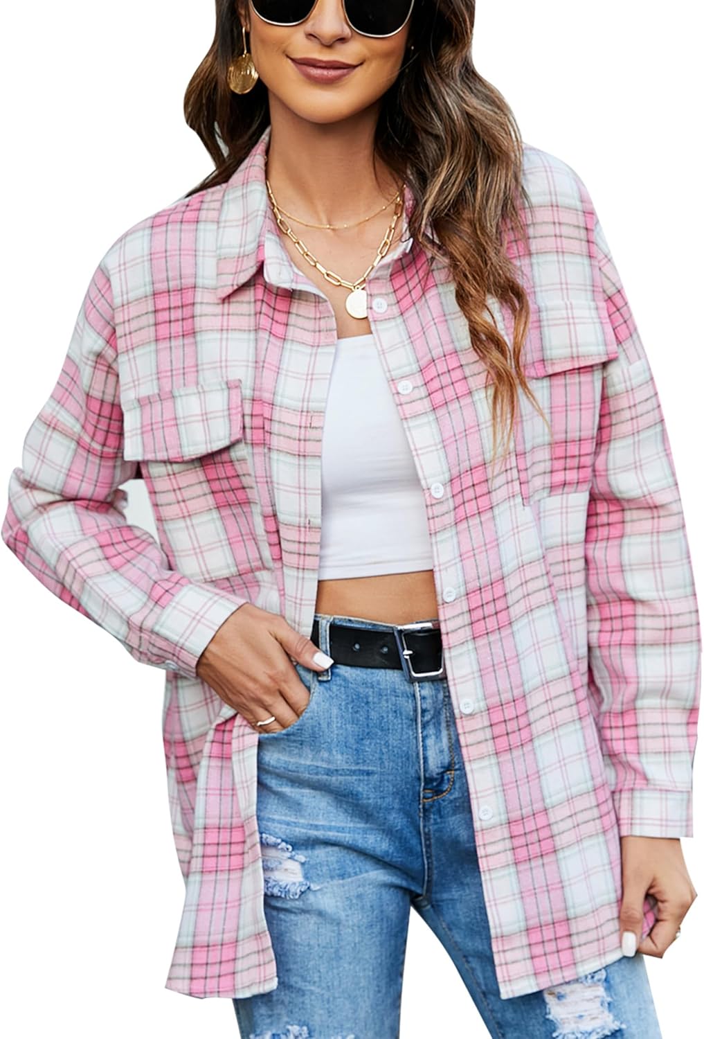 Blooming Jelly Women's Button Down Flannel Shirts Plaid Shacket Long Sleeve Coll...