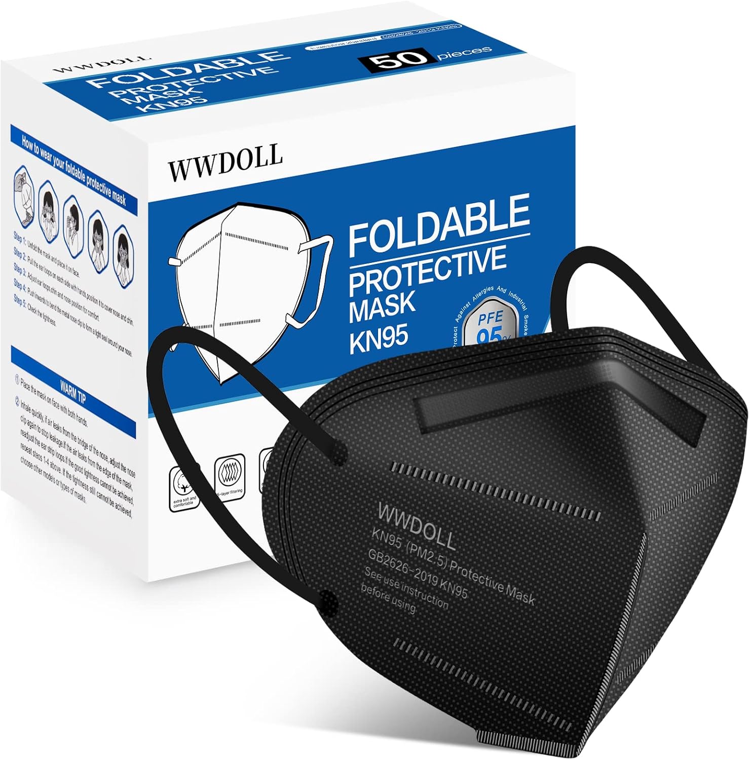 WWDOLL KN95 Face Masks 50 Pack, 5-Layer Breathable Disposable Respirator Mask fo...