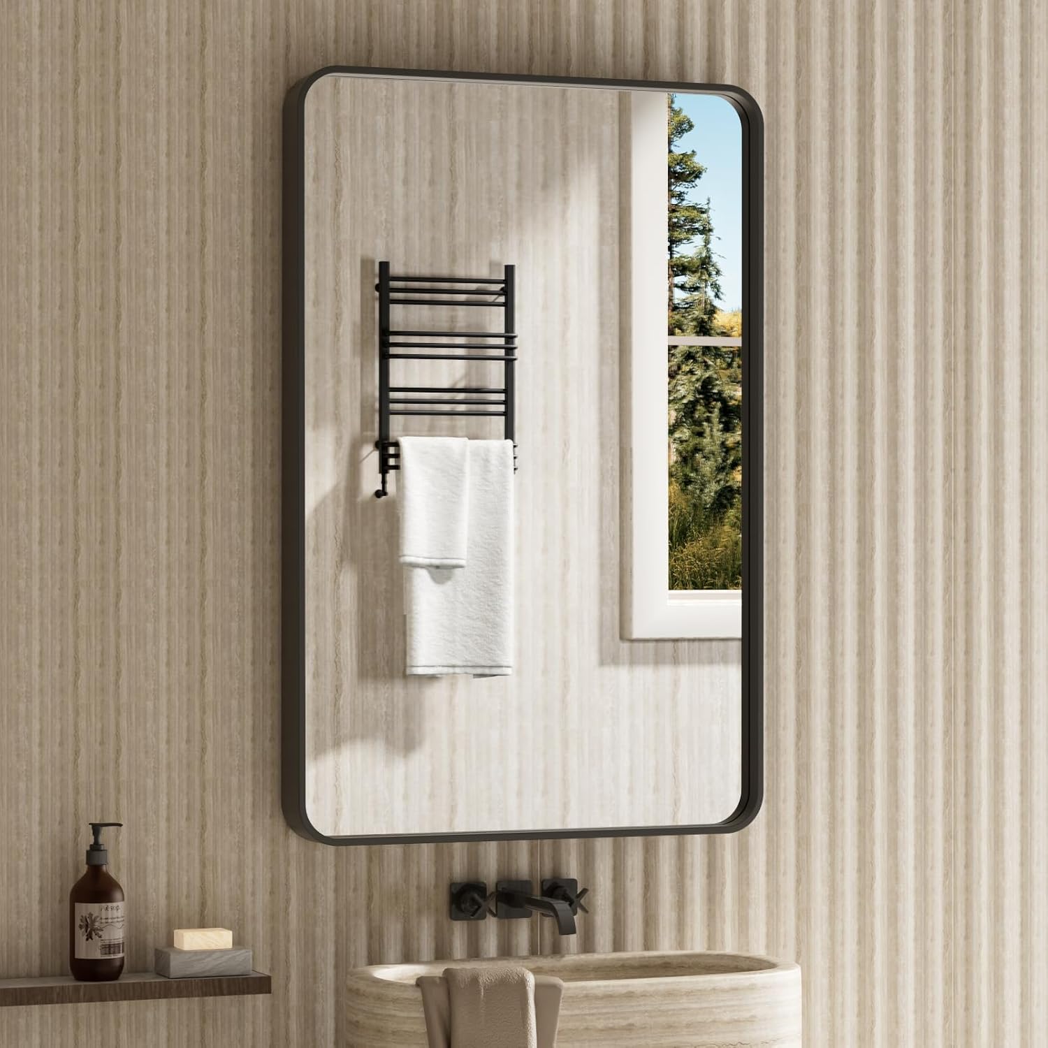 20x30 Inch Black Bathroom Mirror Wall Mounted, Rounded Rectangle Matte Black Fra...