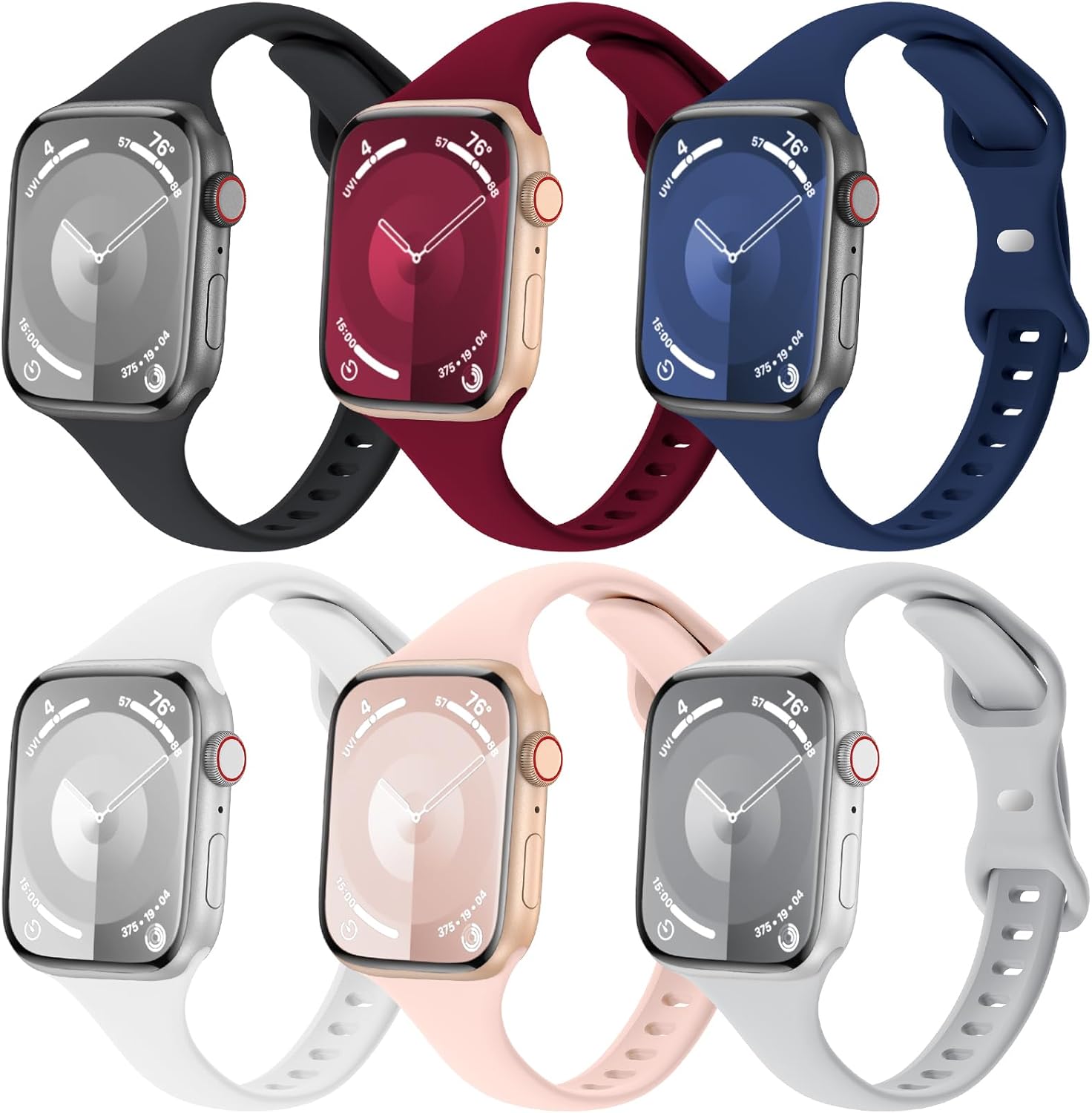 6 Pack Slim Thin Bands, Compatible with Apple Watch 38mm 40mm 41mm 42mm 44mm 45m...