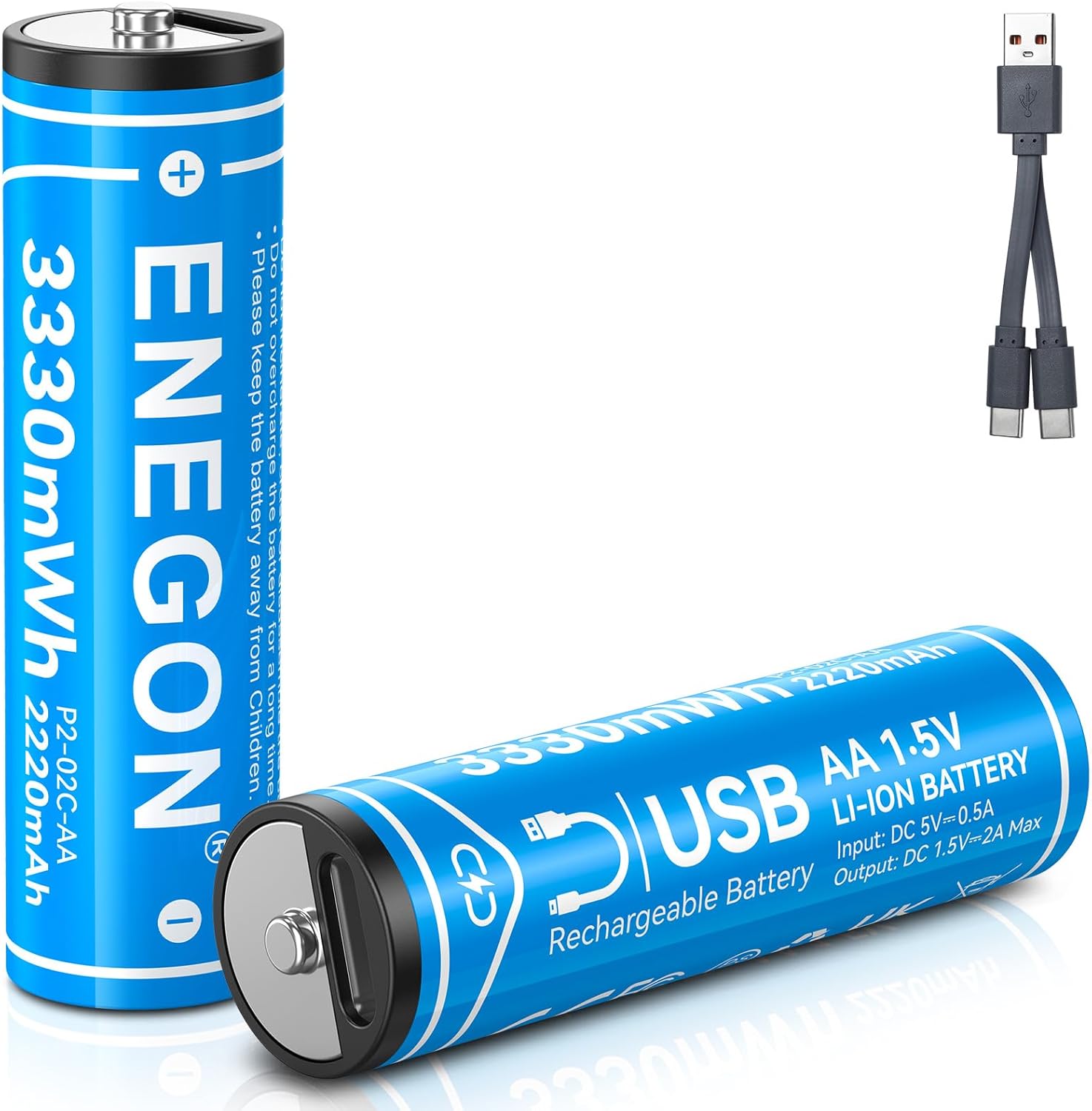 ENEGON 2-Pack 3300mWh (2200mAh) AA Rechargeable lithium-ion Batteries with 2-in-...