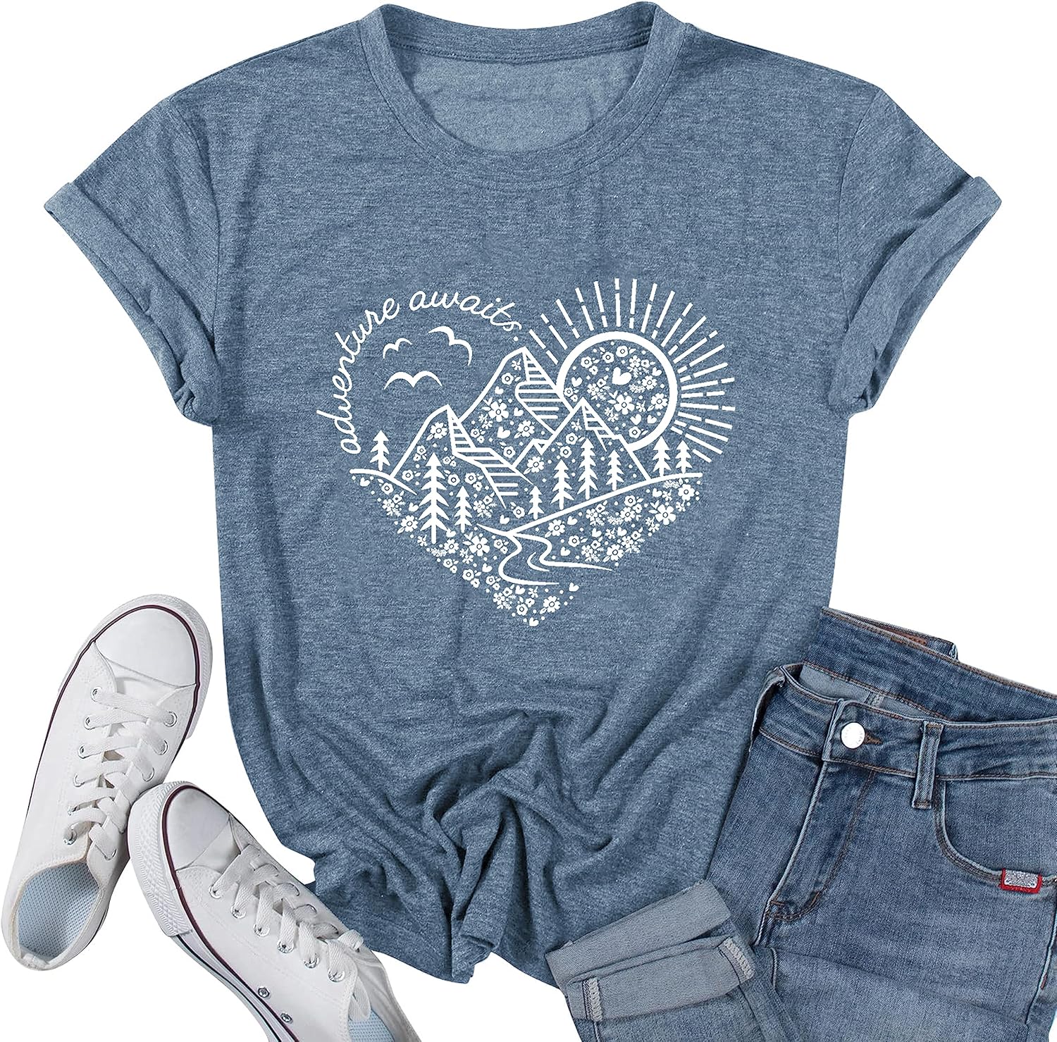 Women Adventure Awaits Outdoor Graphic Tee Shirt Kindness Heart Printed Hike Mou...