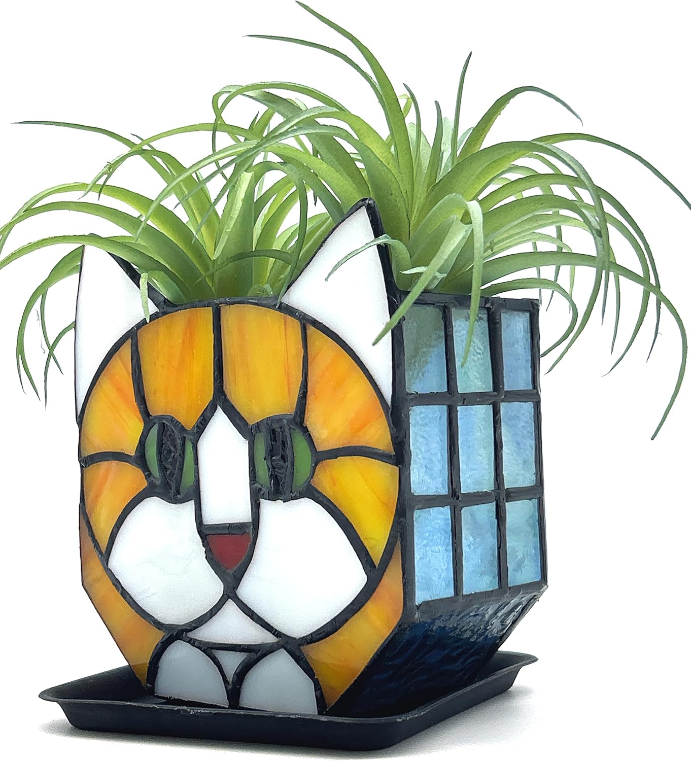 Tiffany Style Orange Cat Stained Glass Flower Pots, Unique Indoor Plant Display,...