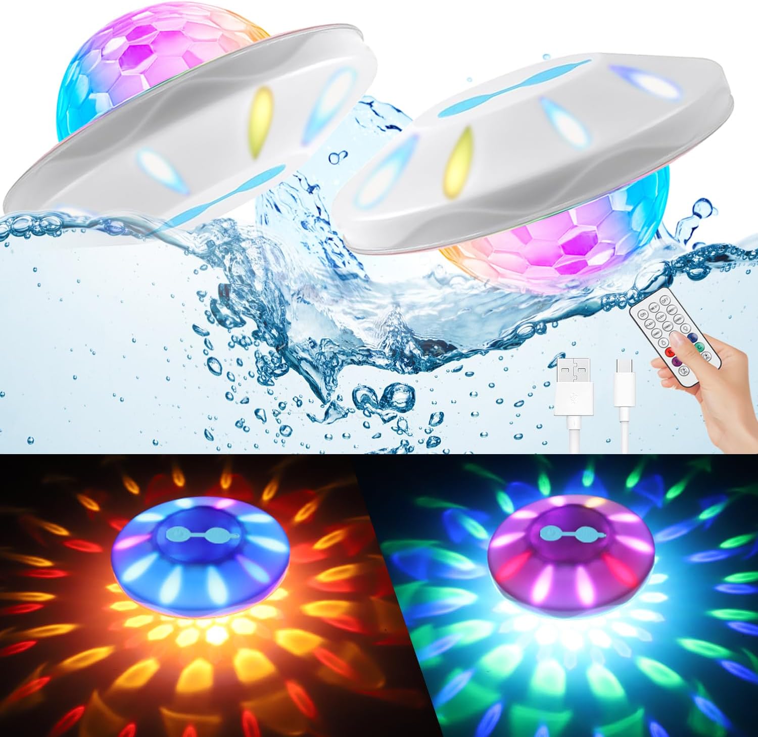 Floating Pool Lights, Pool Lights IP68 Waterproof, Rechargeable RGB Upper and Lo...