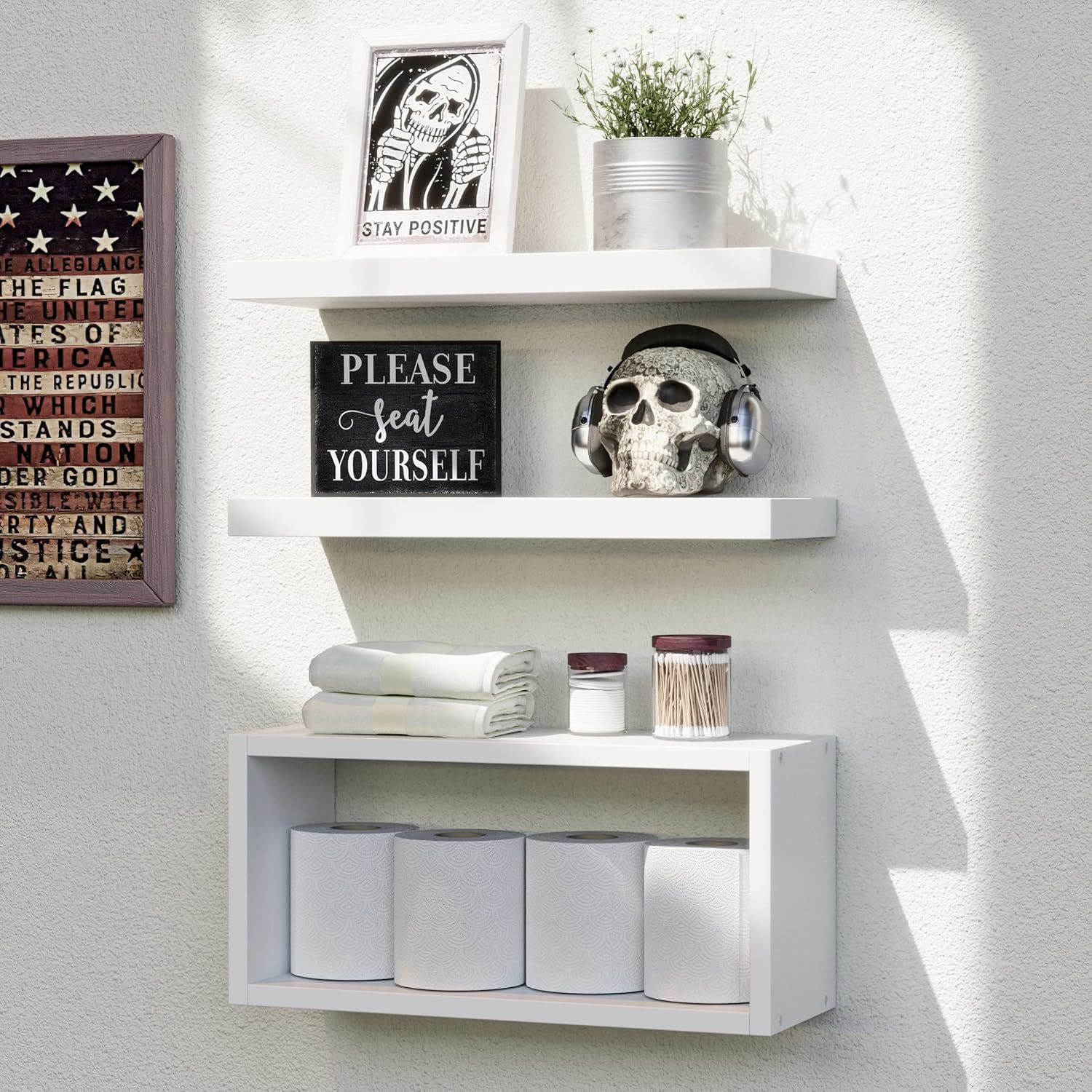 RICHER HOUSE White Floating Shelves Set of 3, Modern Bathroom Shelves Wall Mount...