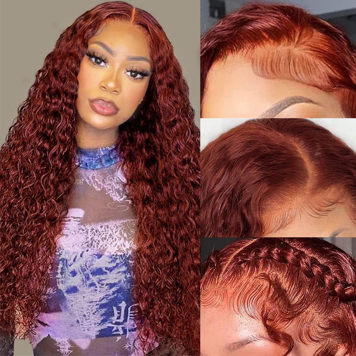 Reddish Brown Deep Wave Lace Front Wigs Human Hair Auburn Colored 13x4 HD Transp...