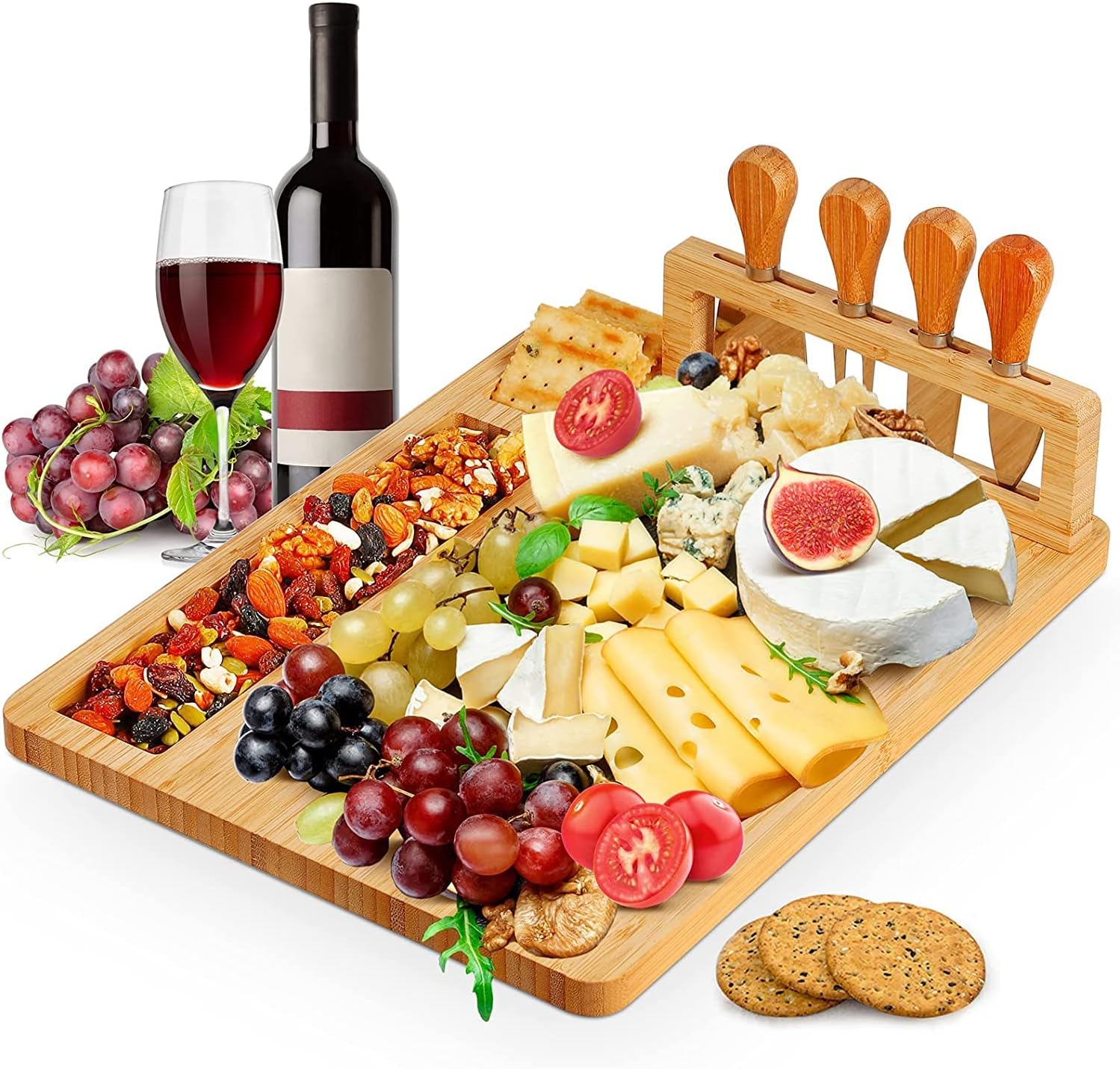 Bamboo Cheese Board Set with Cutlery Wooden Charcuterie Tray Platter Including 4...