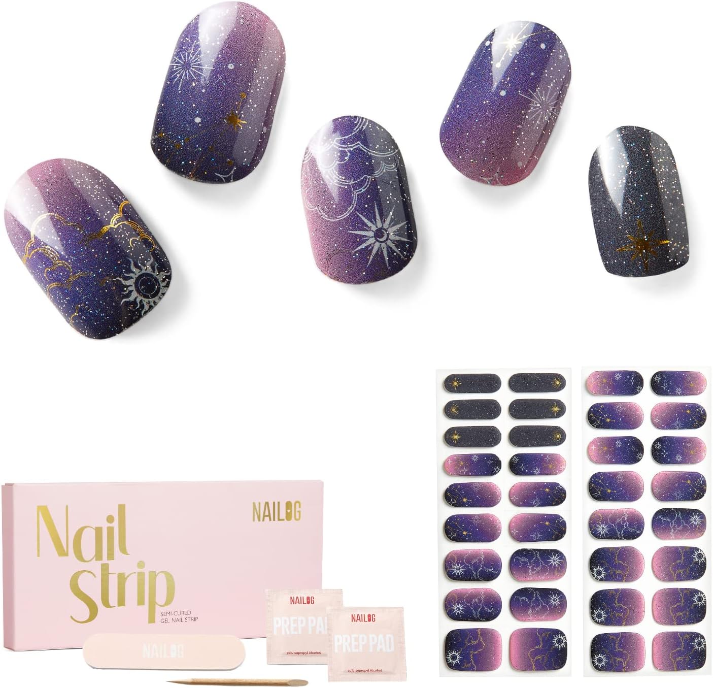 Semi Cured Gel Nail Strips, NAILOG Salon-Quality Gel Nail Stickers with 34 pcs,...