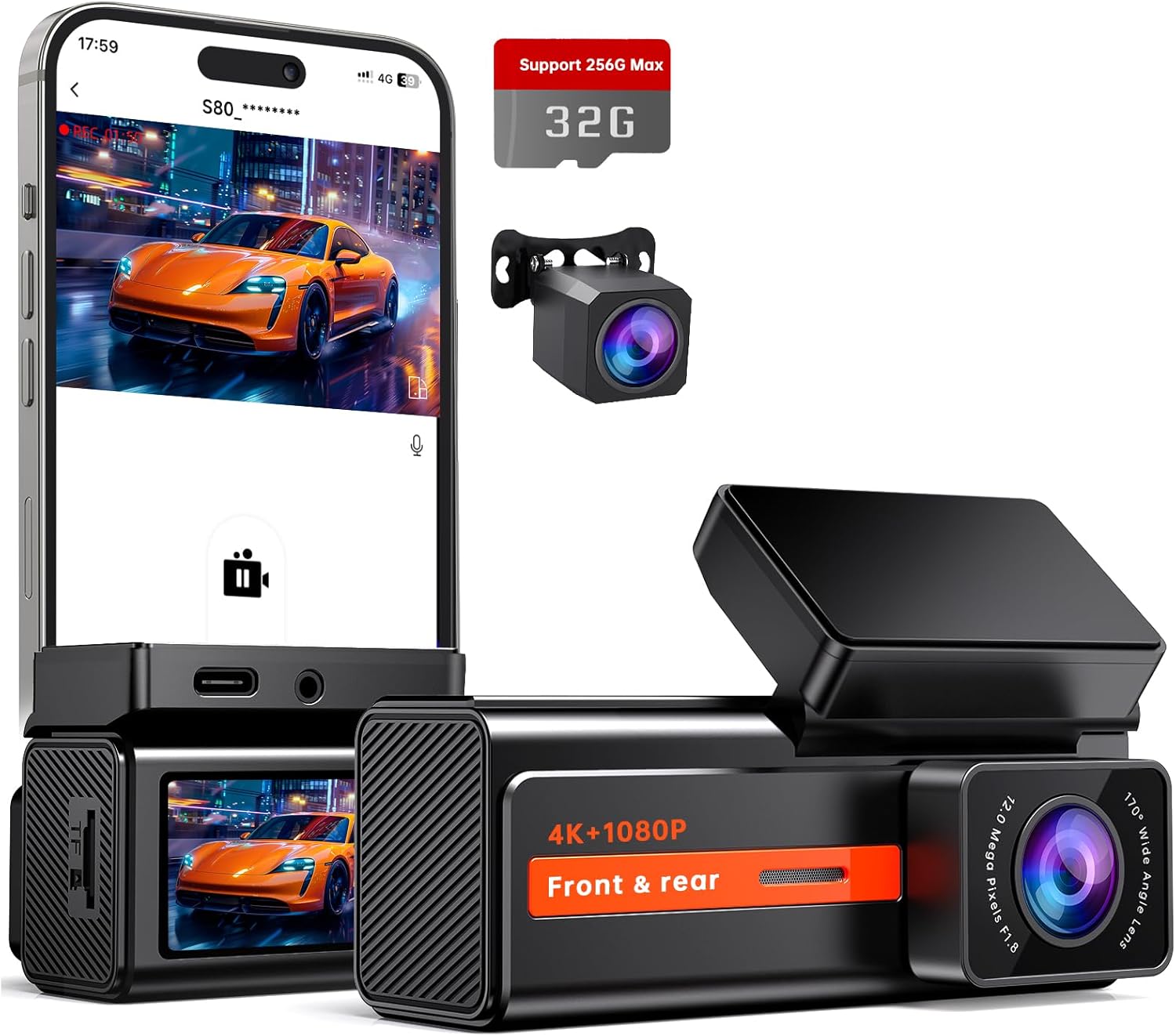 Dash Cam Front and Rear, 4k+1080P Dual Dash Camera for Cars, Veement S80 WiFi Mi...