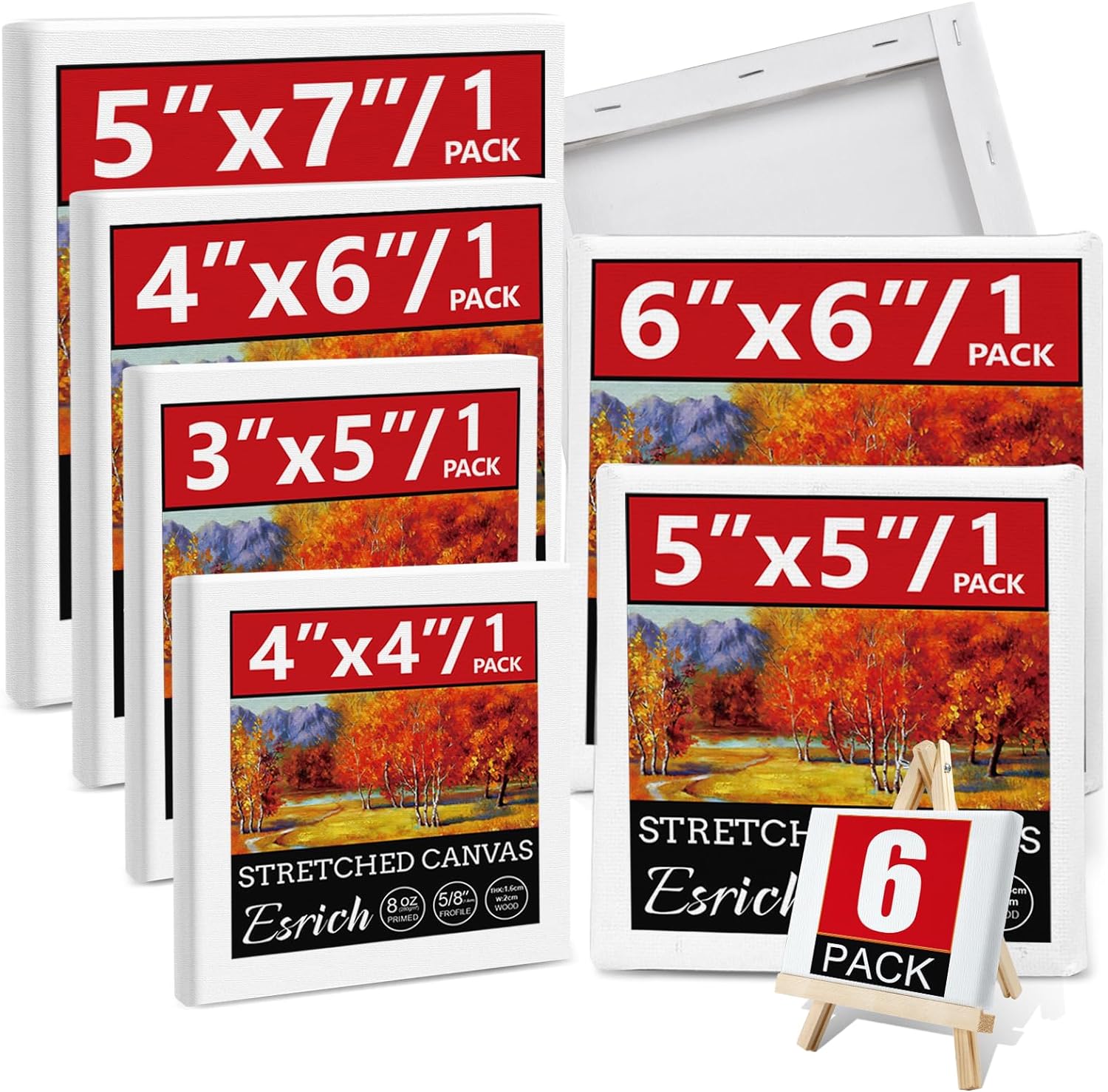 6Packs Mini Stretched Canvases for Painting with 3x5”, 4x4”, 4x6”, 5x5”, 5x7”, 6...