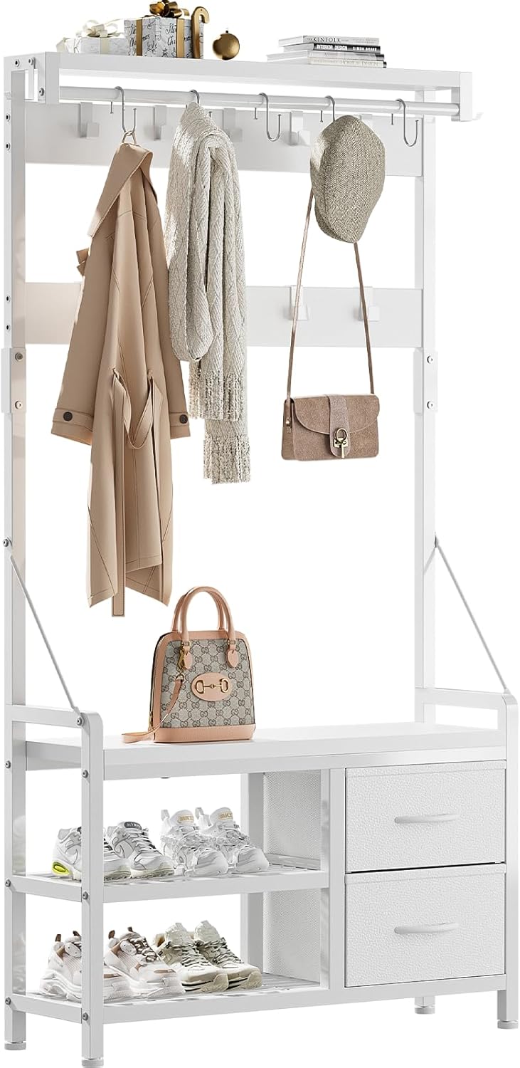 Lulive Hall Tree, 31” Entryway Bench with Coat Rack freestanding, 5 in 1 Intelli...