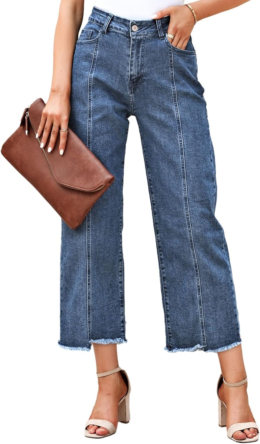 Sidefeel Women's Wide Leg Capri Jeans Casual Summer Straight Leg Denim Pants wit...
