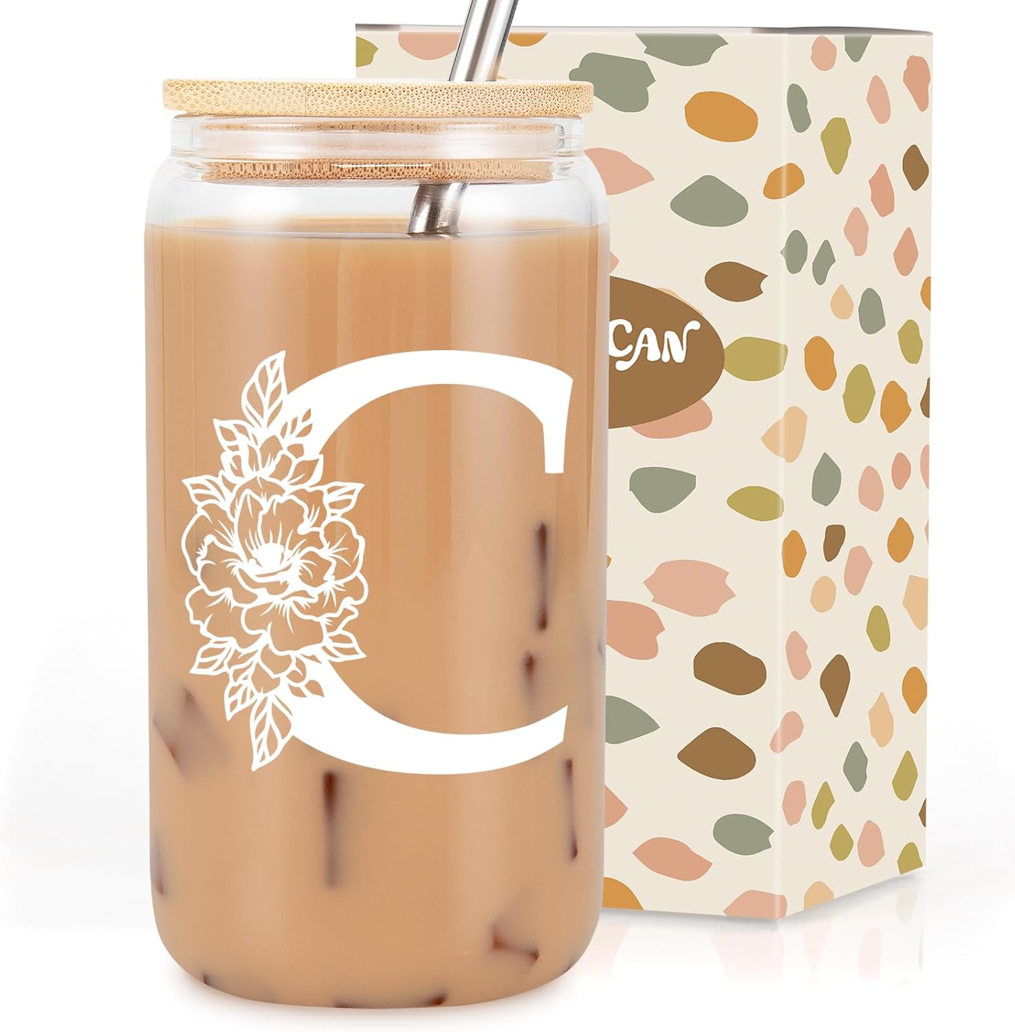 Coolife Initial Glass Cup, Monogrammed Gifts for Women, 16 oz Glass Cups w/Lids...