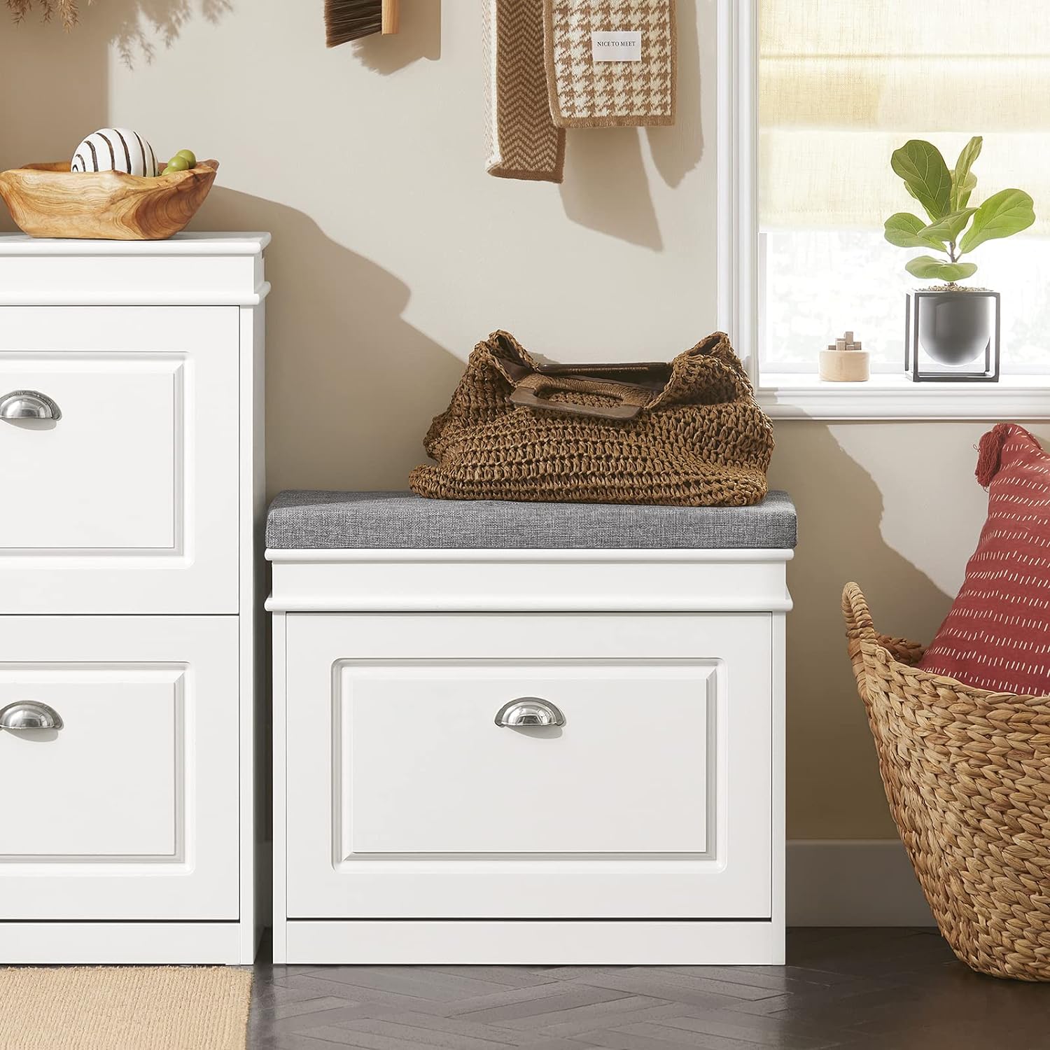 Haotian White Hallway Shoe Bench, Narrow Shoe Rack Entryway, Small Shoe Cabinet...