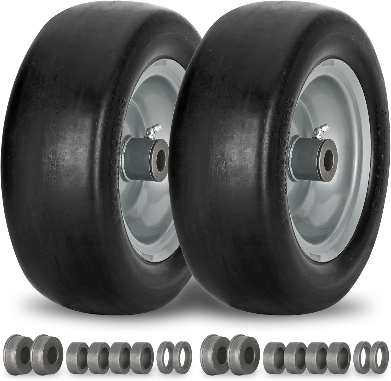 2 PCS 11x4.00-5" Flat Free Lawn Mower Tire on Wheel, 3/4" or 5/8" Bushing, 3.4"-...