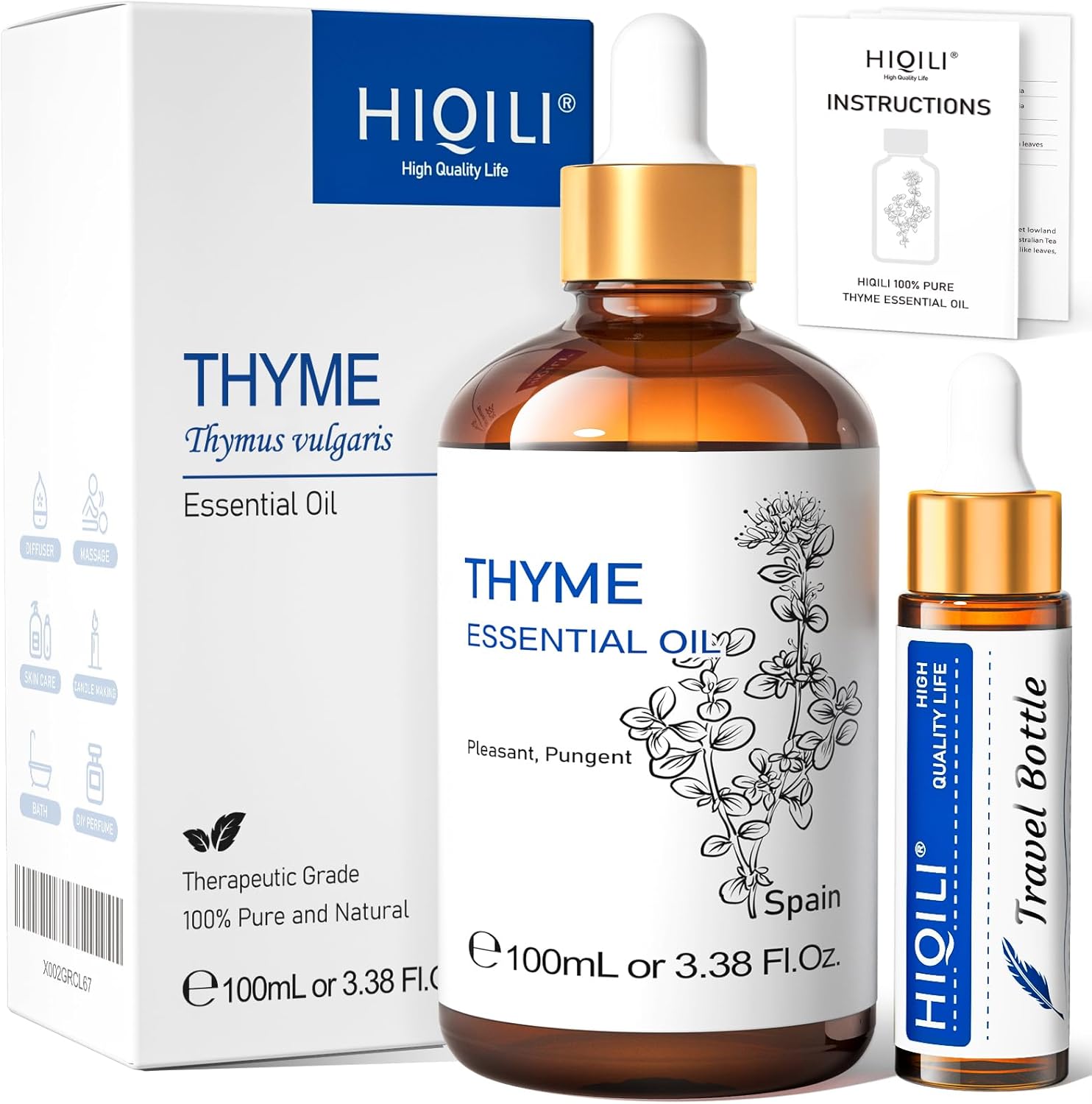 HIQILI 3.38 Fl Oz Thyme Essential Oil, 100% Pure Undiluted for Hair, Skin, Diffu...