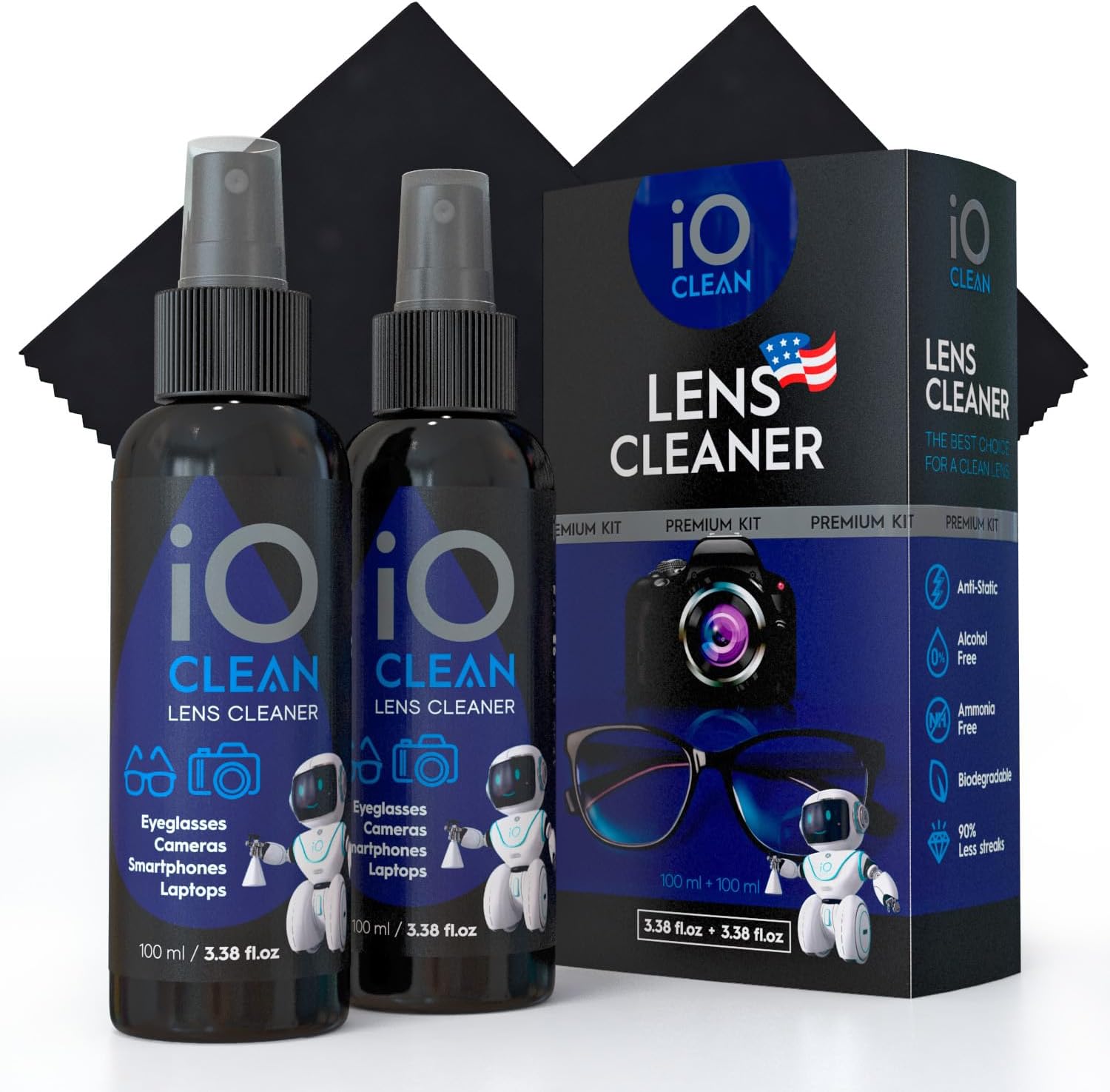 Eyeglass Lens Cleaner (3.38oz+3.38oz+2cloths) – 2 Bottles - Glasses Cleaner Spra...