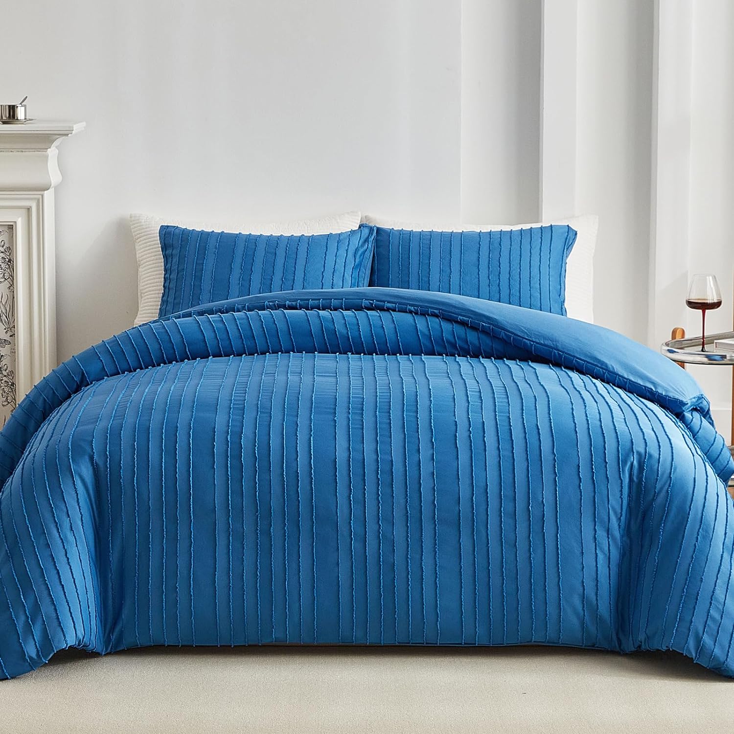 WARMDERN Teal Blue Boho Duvet Cover King Size, Striped Textured Duvet Cover Set...