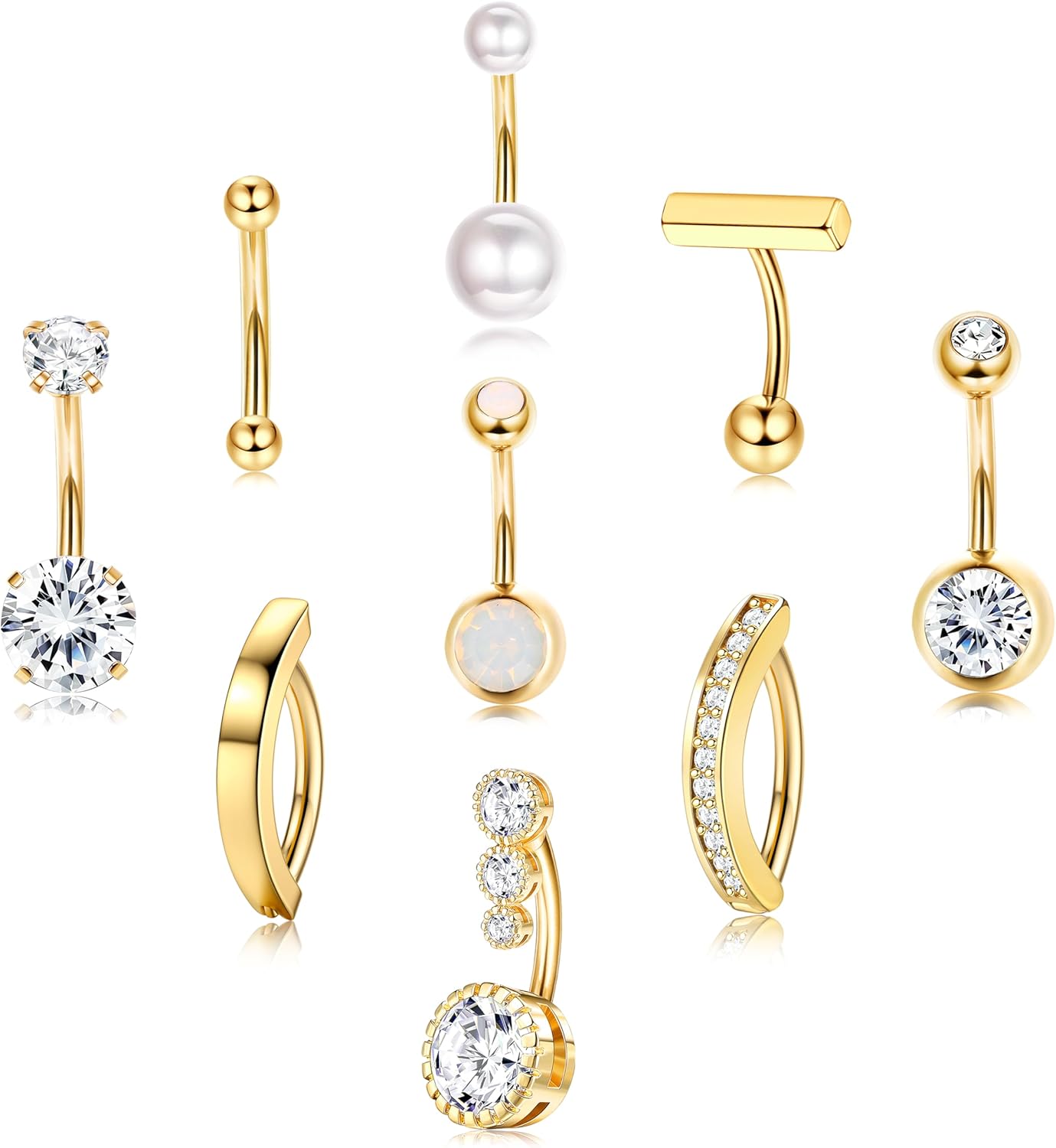 FIASASO 9 Pcs Gold Belly Button Ring Surgical Stainless Steel Belly Rings CZ Opa...