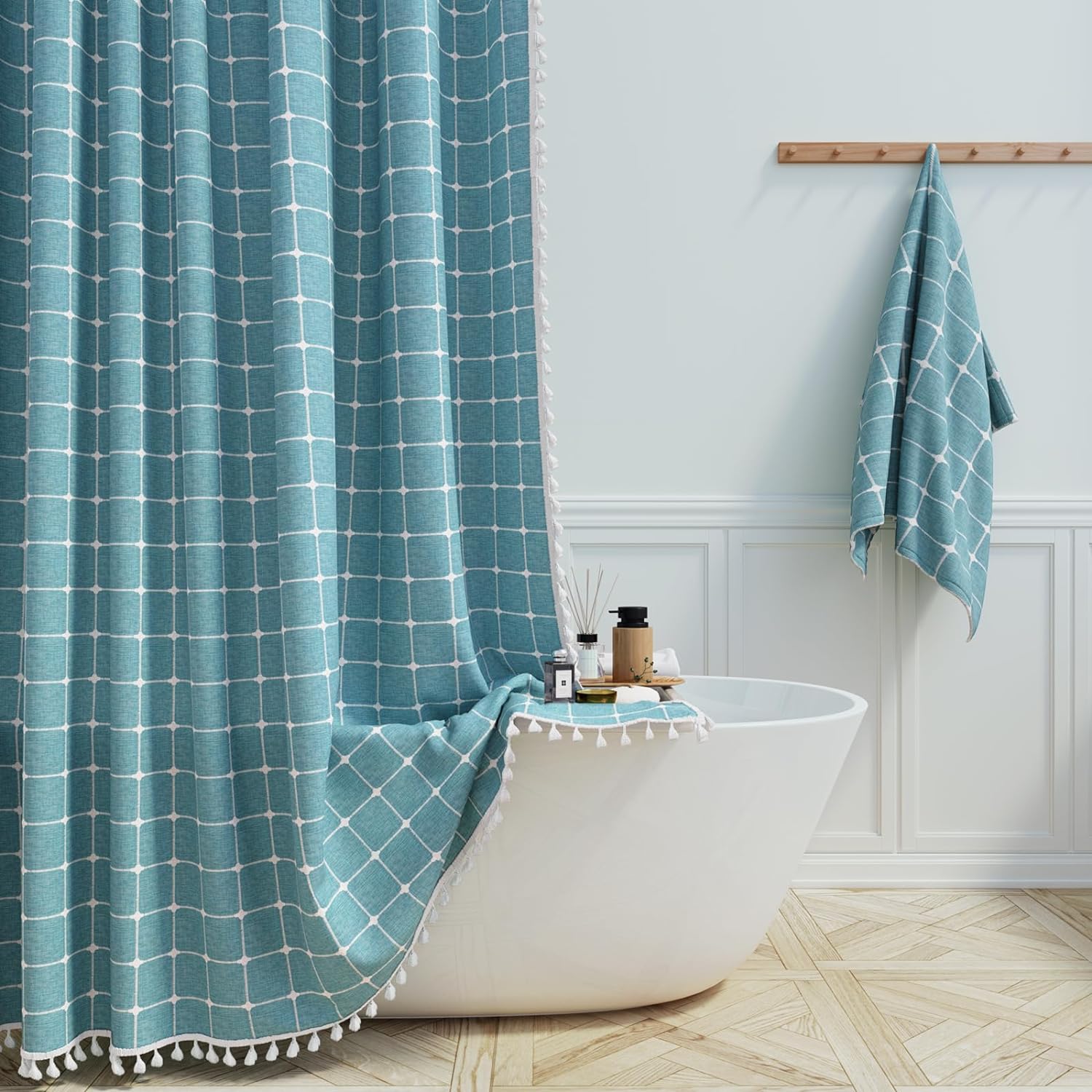 BTTN Extra Long Shower Curtain - 72x84 Inch Long Boho Chic Tassel Linen Fabric S...