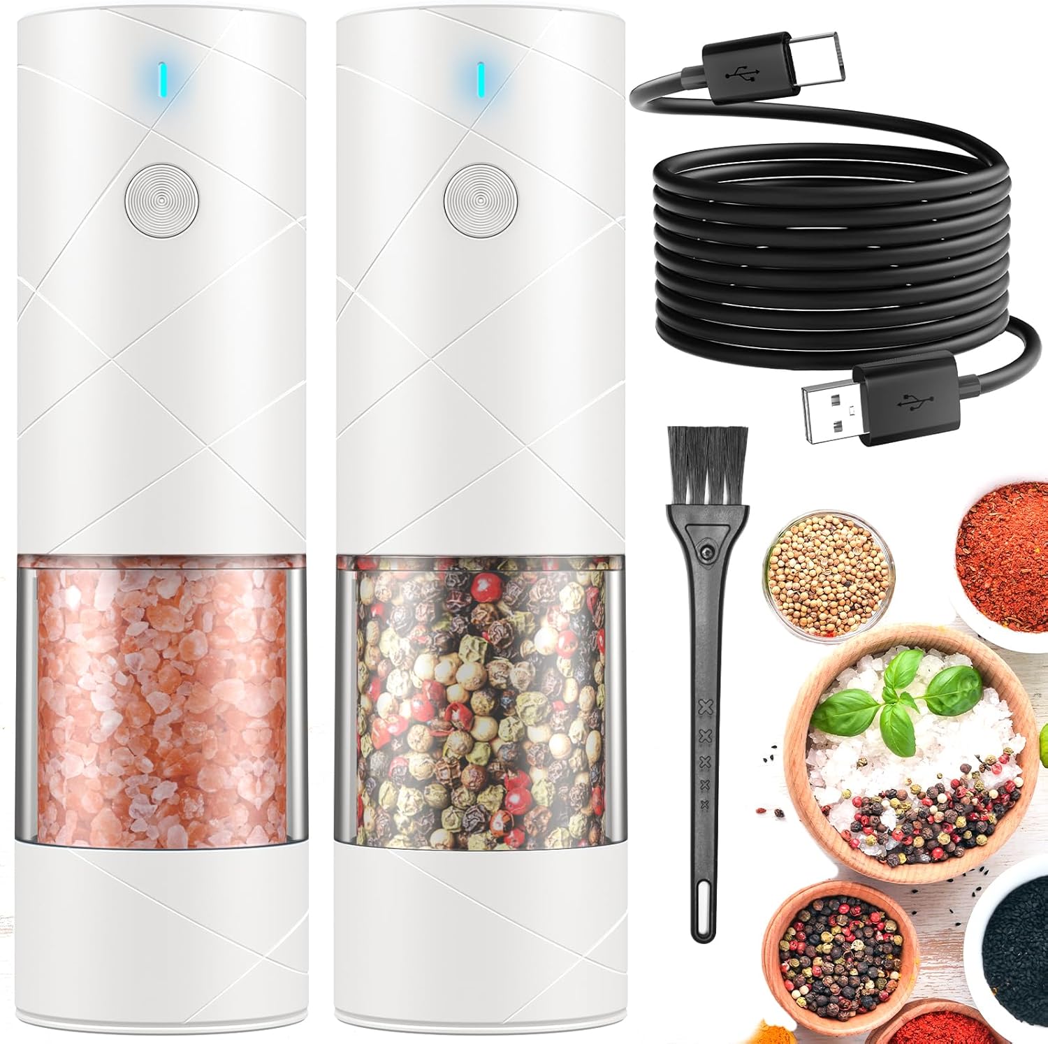 2Pack Electric Salt and Pepper Grinder Set USB Rechargeable with Warm LED Light,...