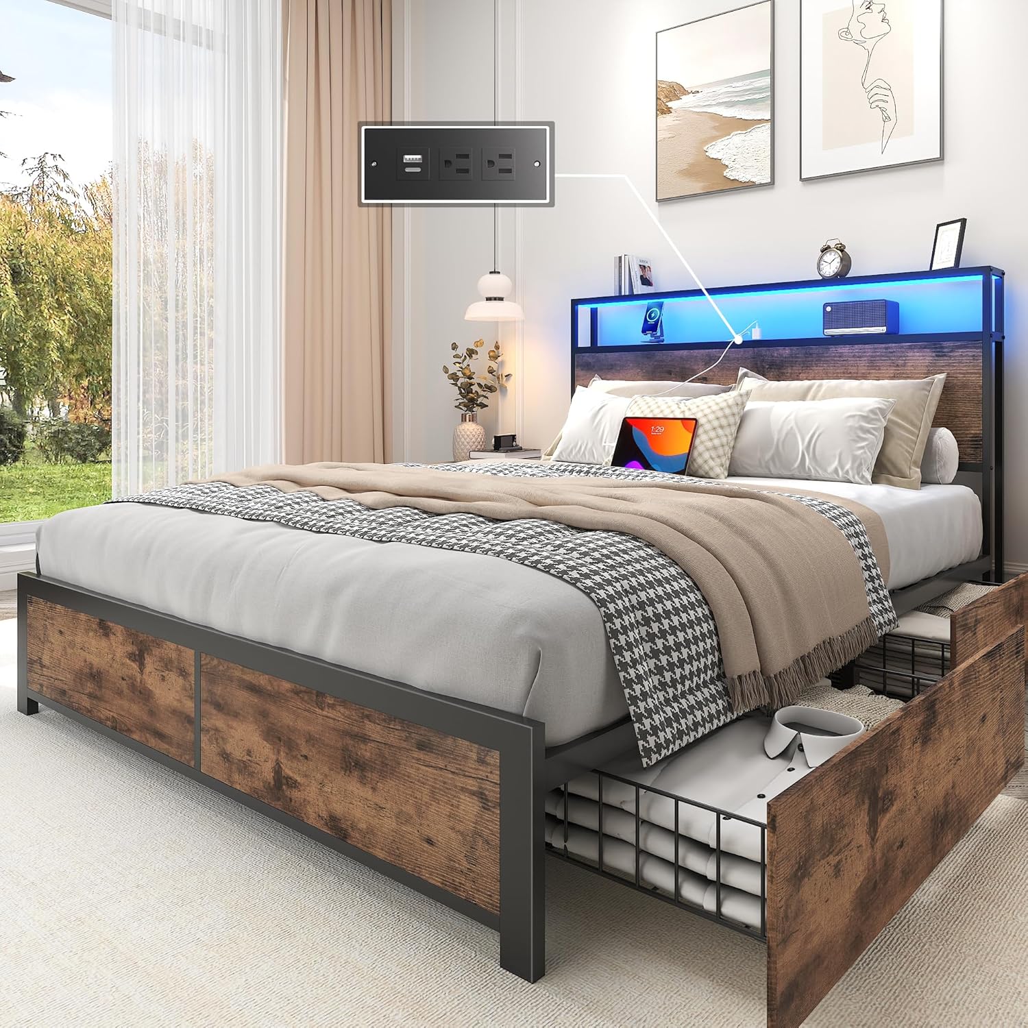 Lifezone Full Bed Frame with 2-Tier Storage Headboard, Metal Platform Bed Frame...