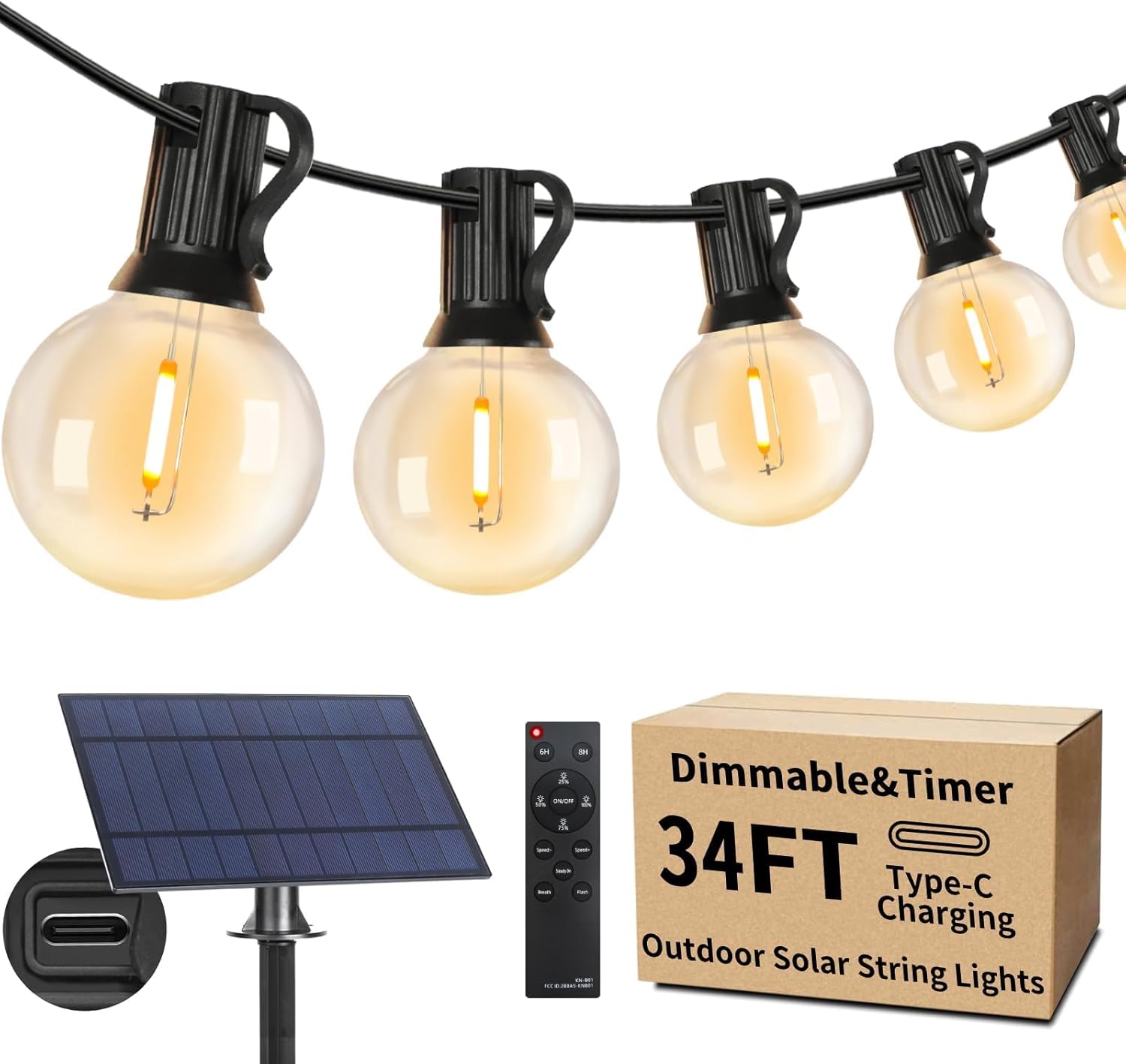 Outdoor Solar String Lights 34FT with Remote, Waterproof Dimmable Outside Patio...